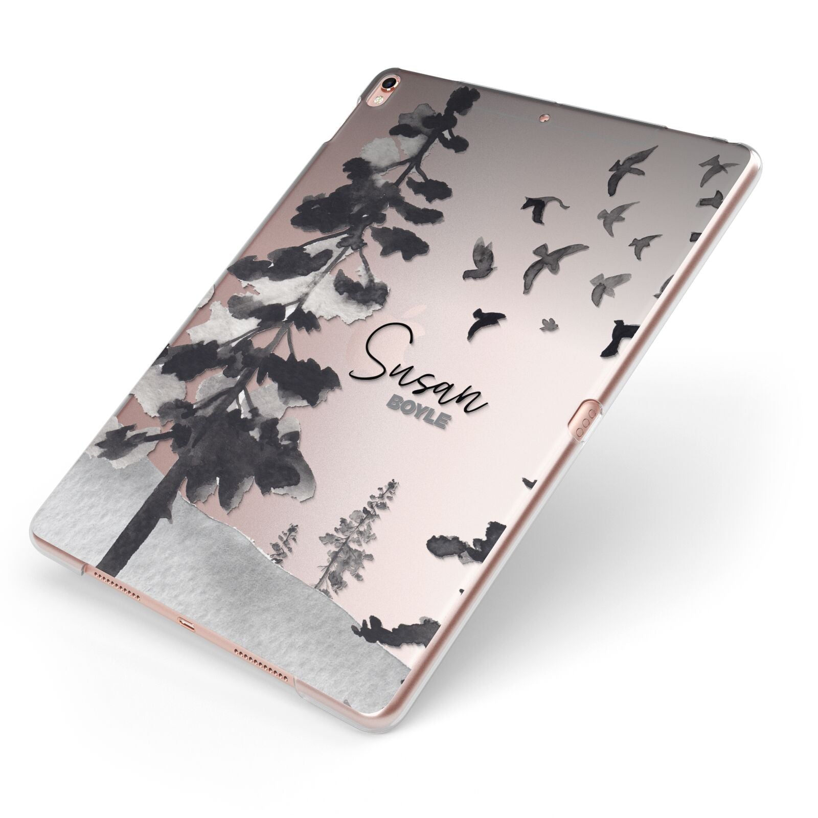 Personalised Monochrome Forest Apple iPad Case on Rose Gold iPad Side View