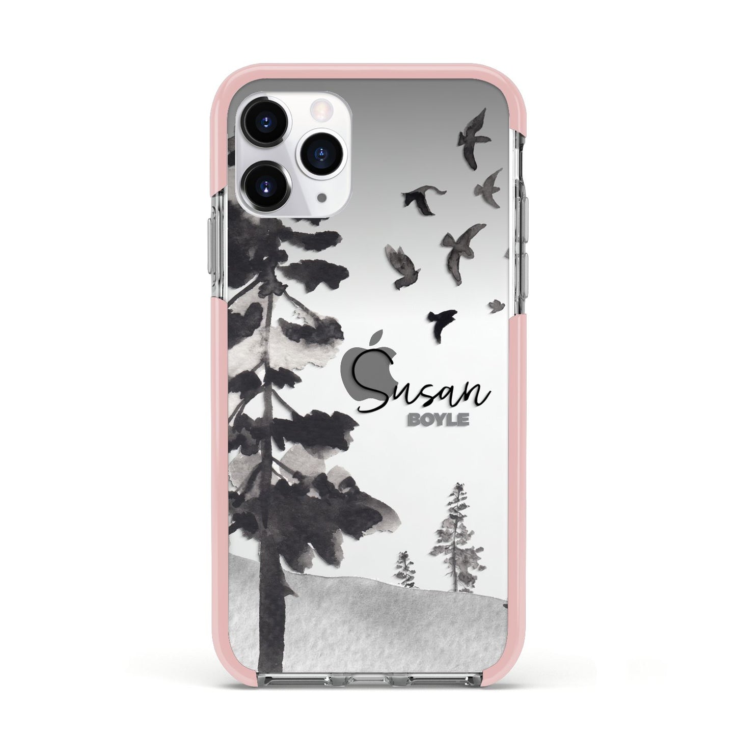 Personalised Monochrome Forest Apple iPhone 11 Pro in Silver with Pink Impact Case
