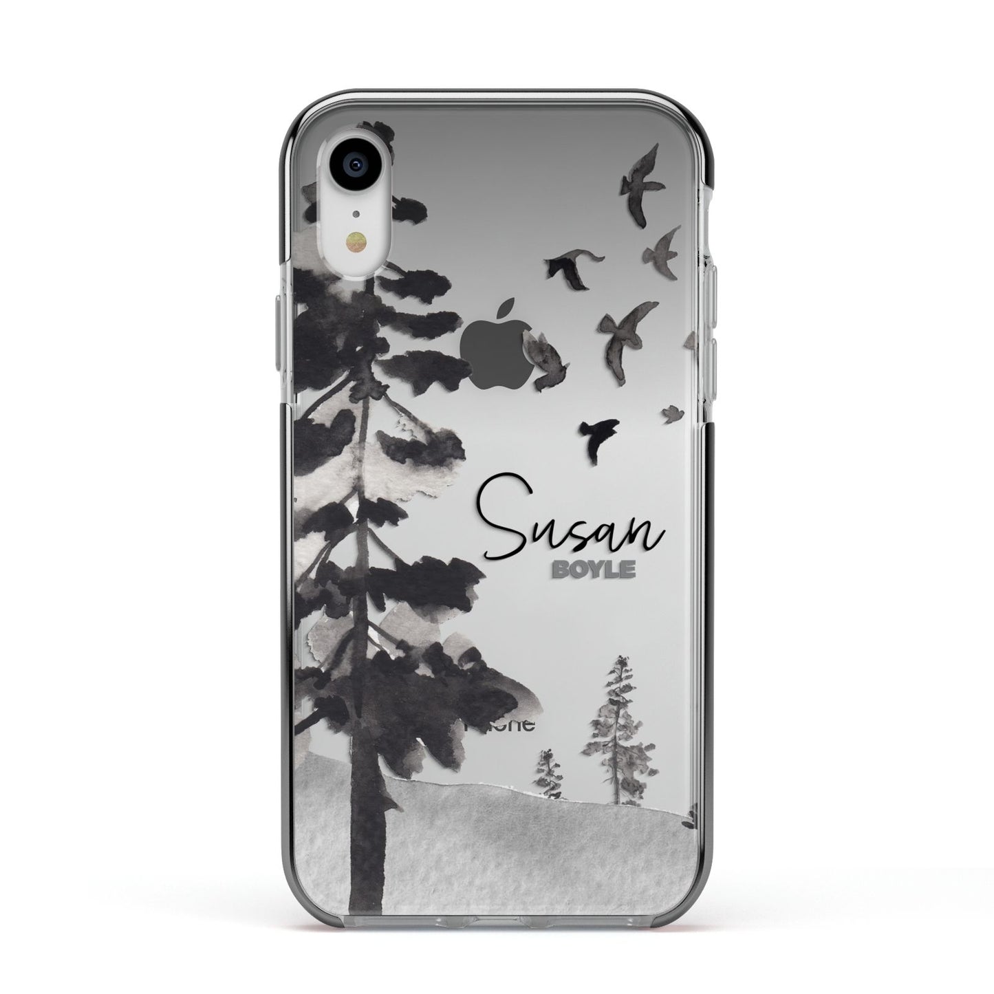 Personalised Monochrome Forest Apple iPhone XR Impact Case Black Edge on Silver Phone