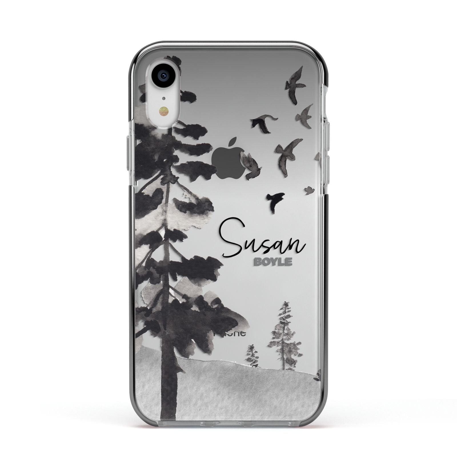Personalised Monochrome Forest Apple iPhone XR Impact Case Black Edge on Silver Phone