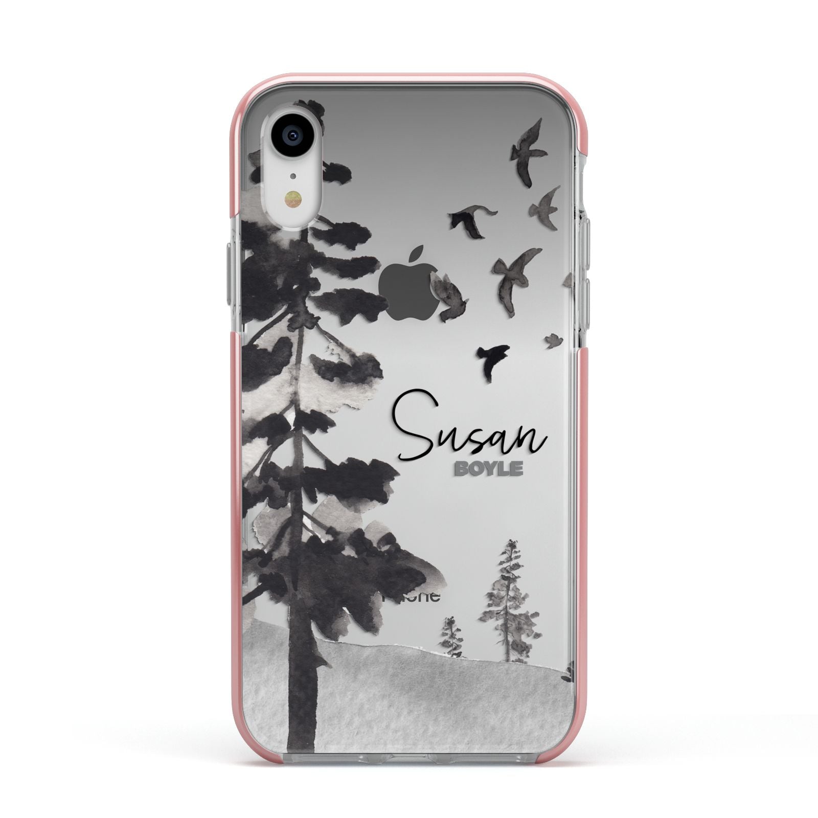 Personalised Monochrome Forest Apple iPhone XR Impact Case Pink Edge on Silver Phone