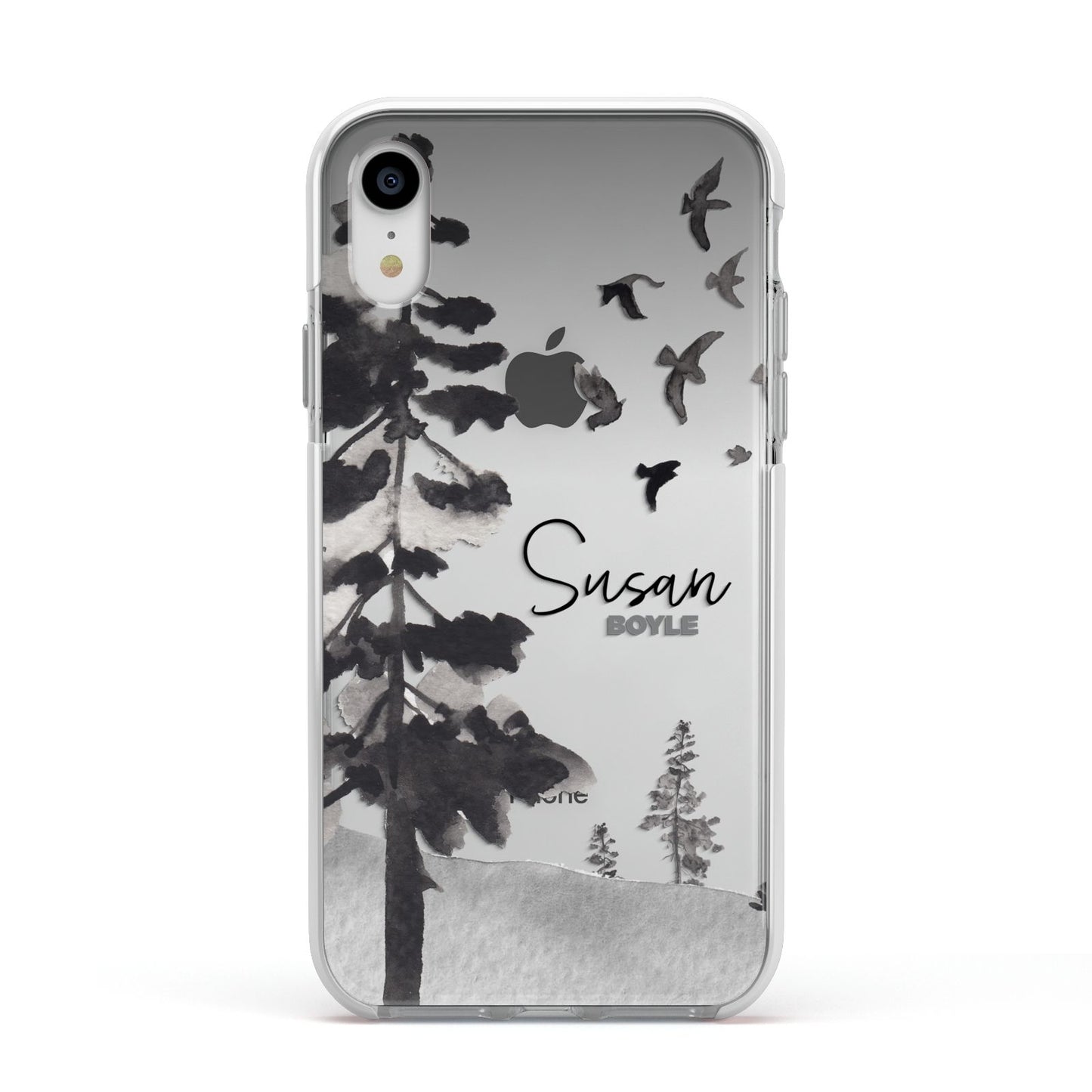 Personalised Monochrome Forest Apple iPhone XR Impact Case White Edge on Silver Phone