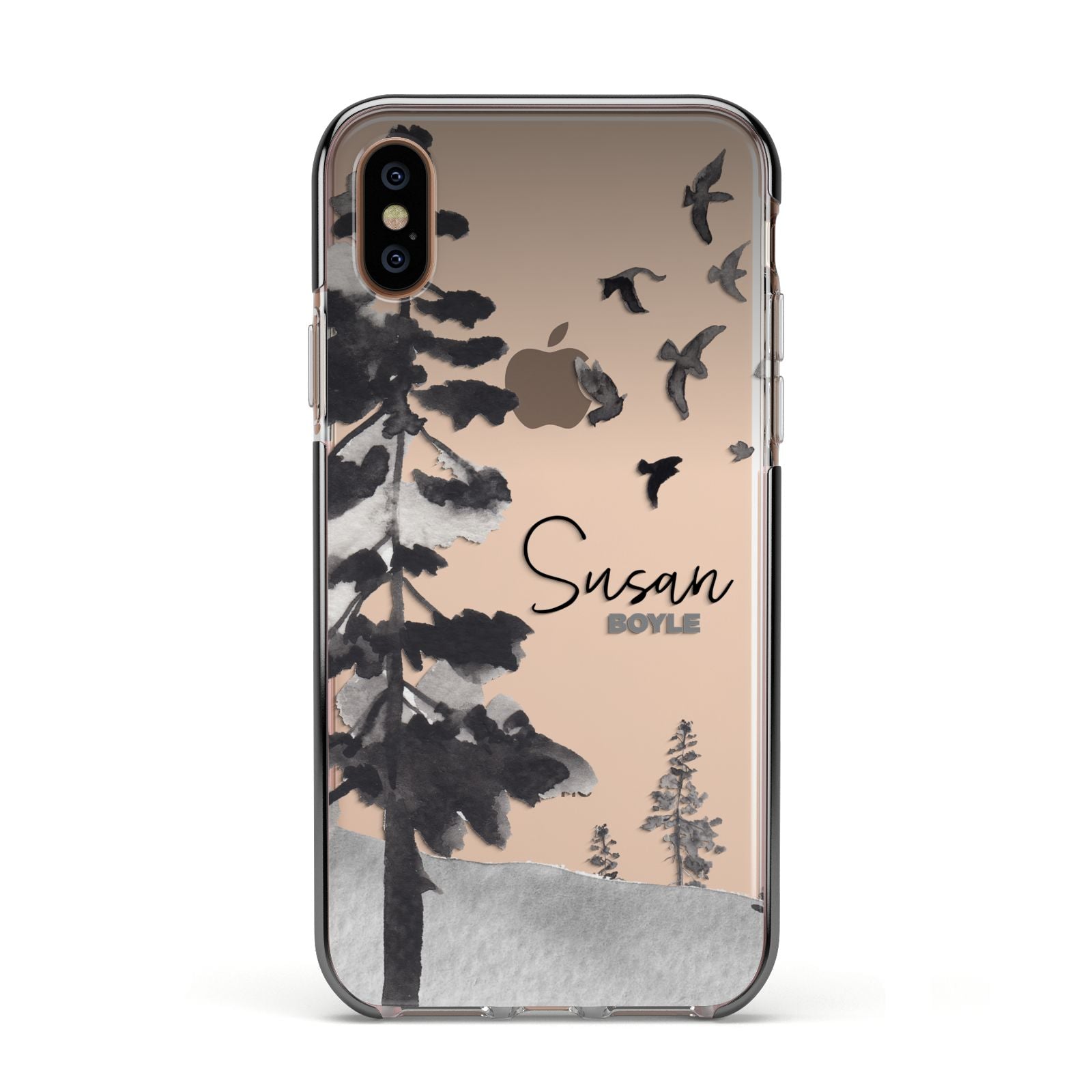 Personalised Monochrome Forest Apple iPhone Xs Impact Case Black Edge on Gold Phone