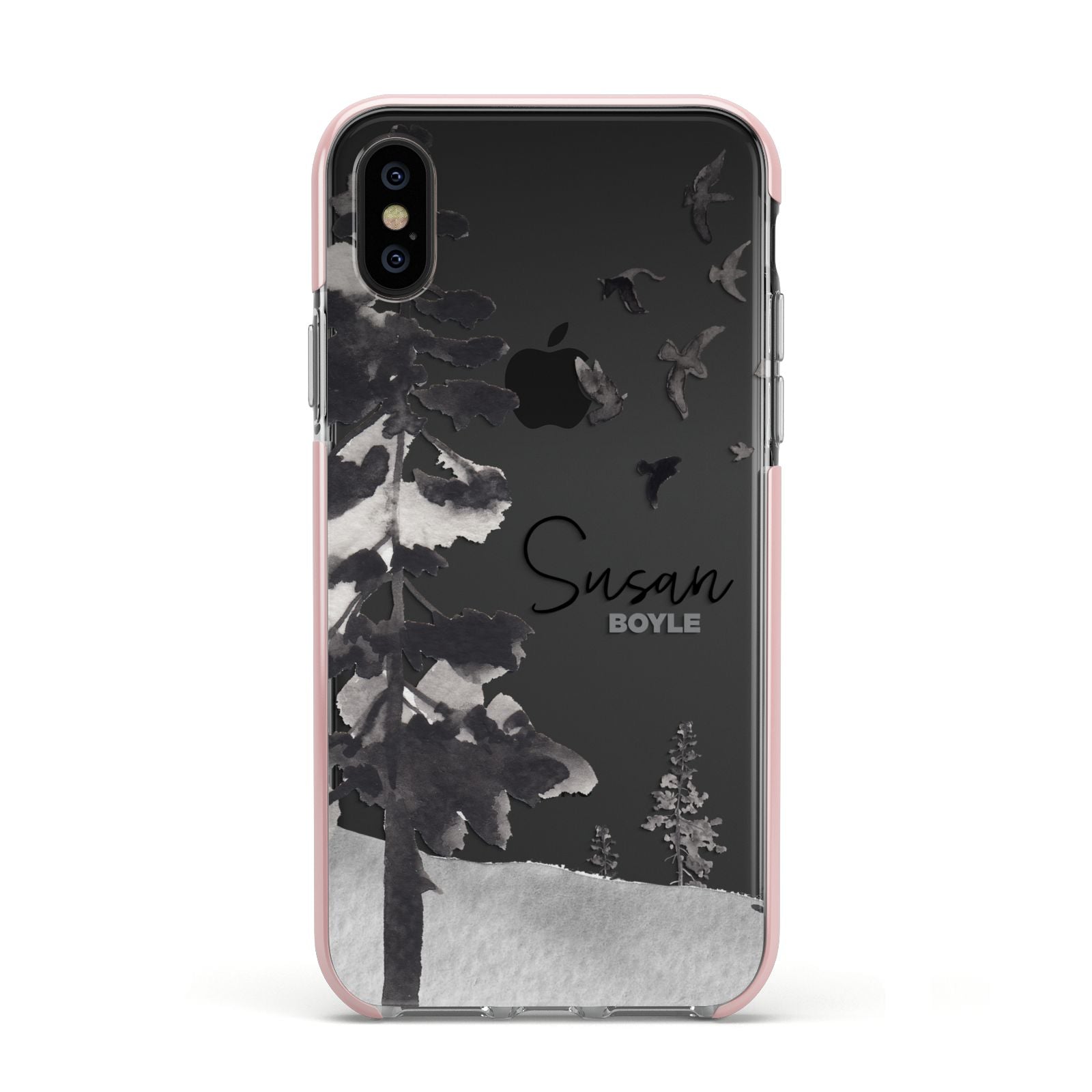Personalised Monochrome Forest Apple iPhone Xs Impact Case Pink Edge on Black Phone