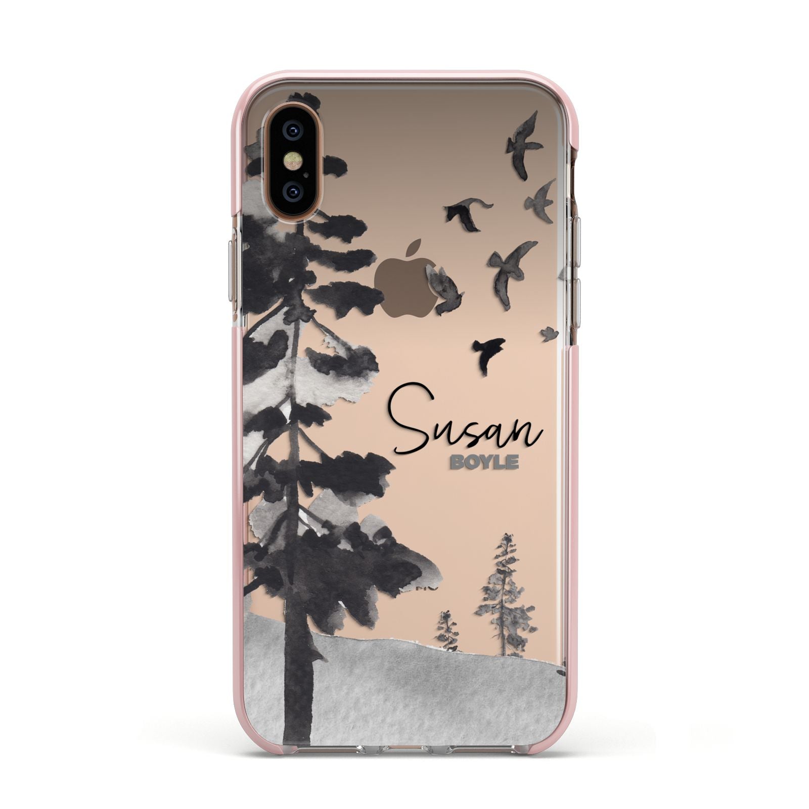 Personalised Monochrome Forest Apple iPhone Xs Impact Case Pink Edge on Gold Phone