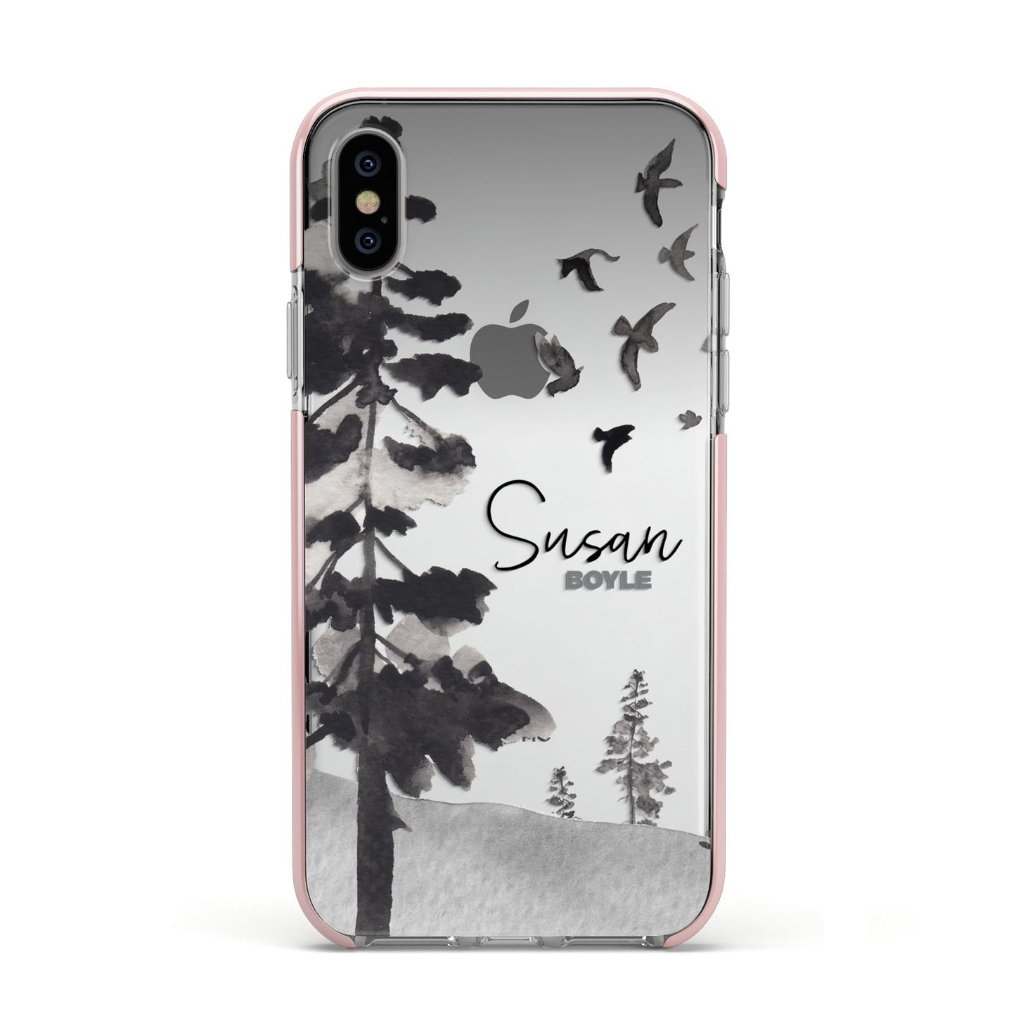 Personalised Monochrome Forest Apple iPhone Xs Impact Case Pink Edge on Silver Phone