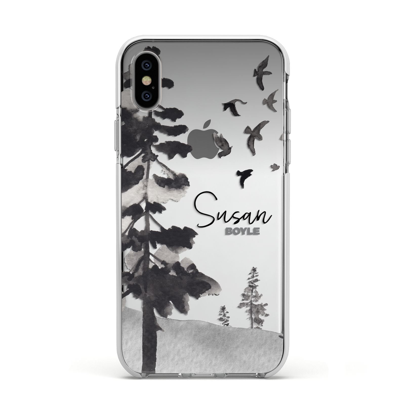 Personalised Monochrome Forest Apple iPhone Xs Impact Case White Edge on Silver Phone