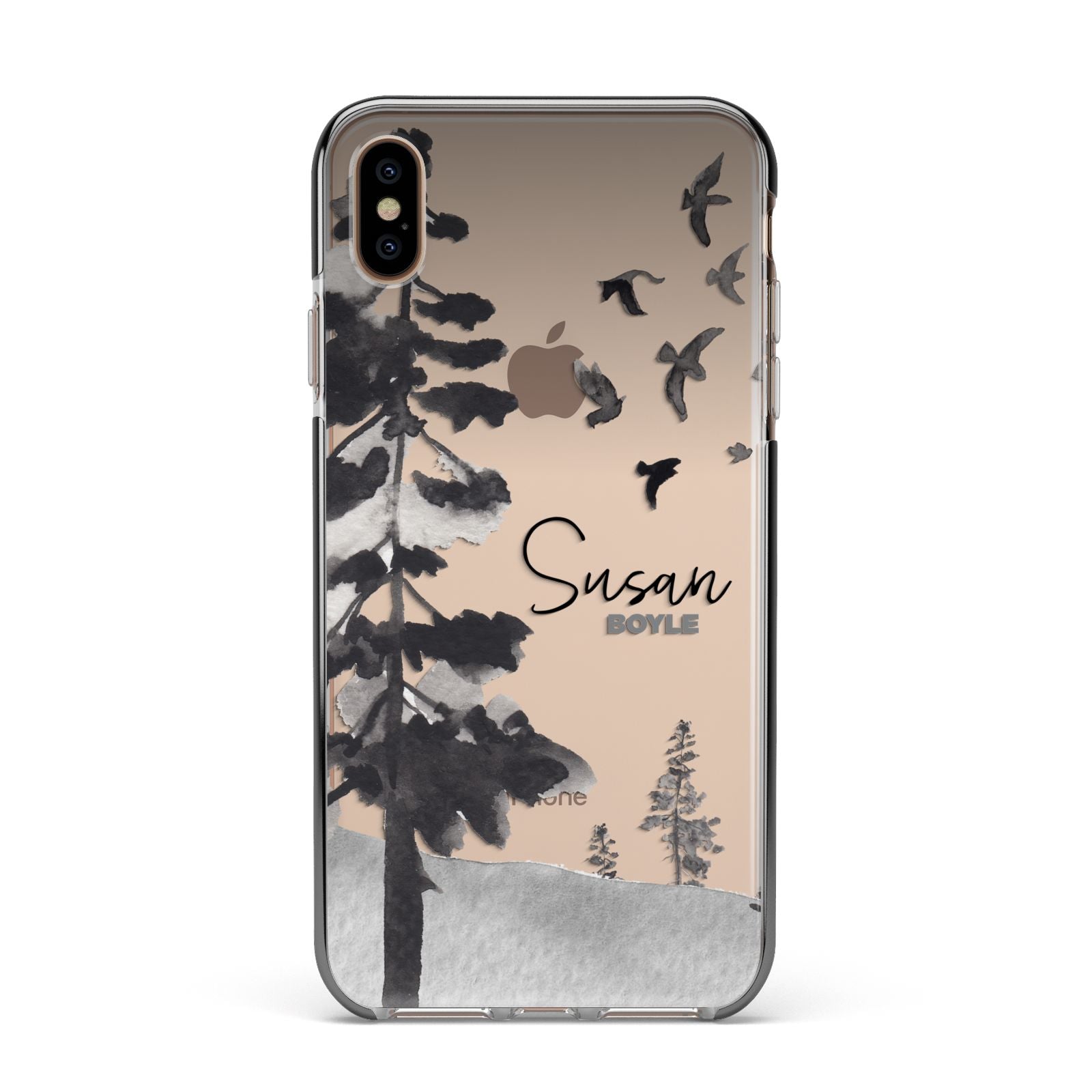 Personalised Monochrome Forest Apple iPhone Xs Max Impact Case Black Edge on Gold Phone