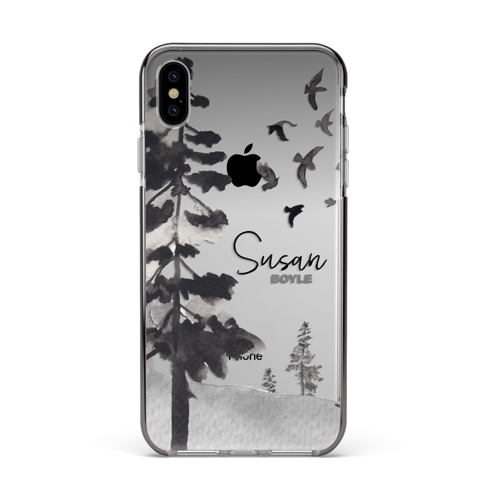 Personalised Monochrome Forest Apple iPhone Xs Max Impact Case Black Edge on Silver Phone