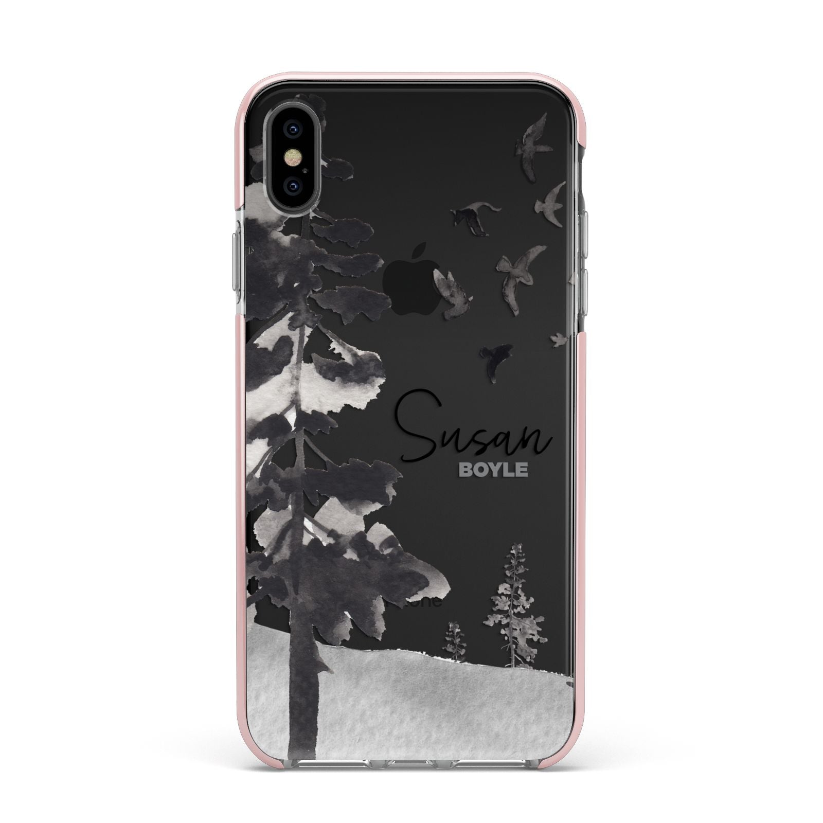 Personalised Monochrome Forest Apple iPhone Xs Max Impact Case Pink Edge on Black Phone