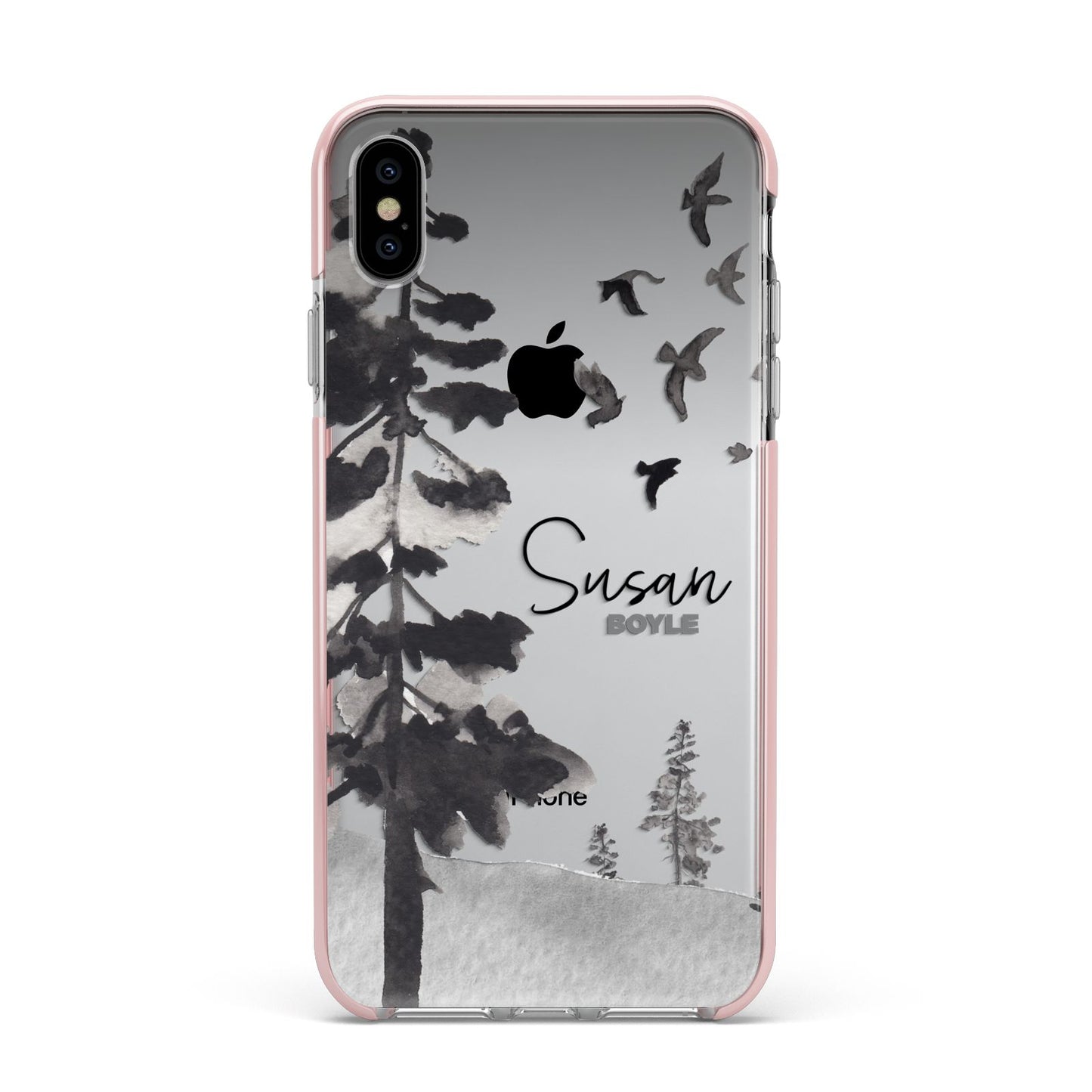 Personalised Monochrome Forest Apple iPhone Xs Max Impact Case Pink Edge on Silver Phone