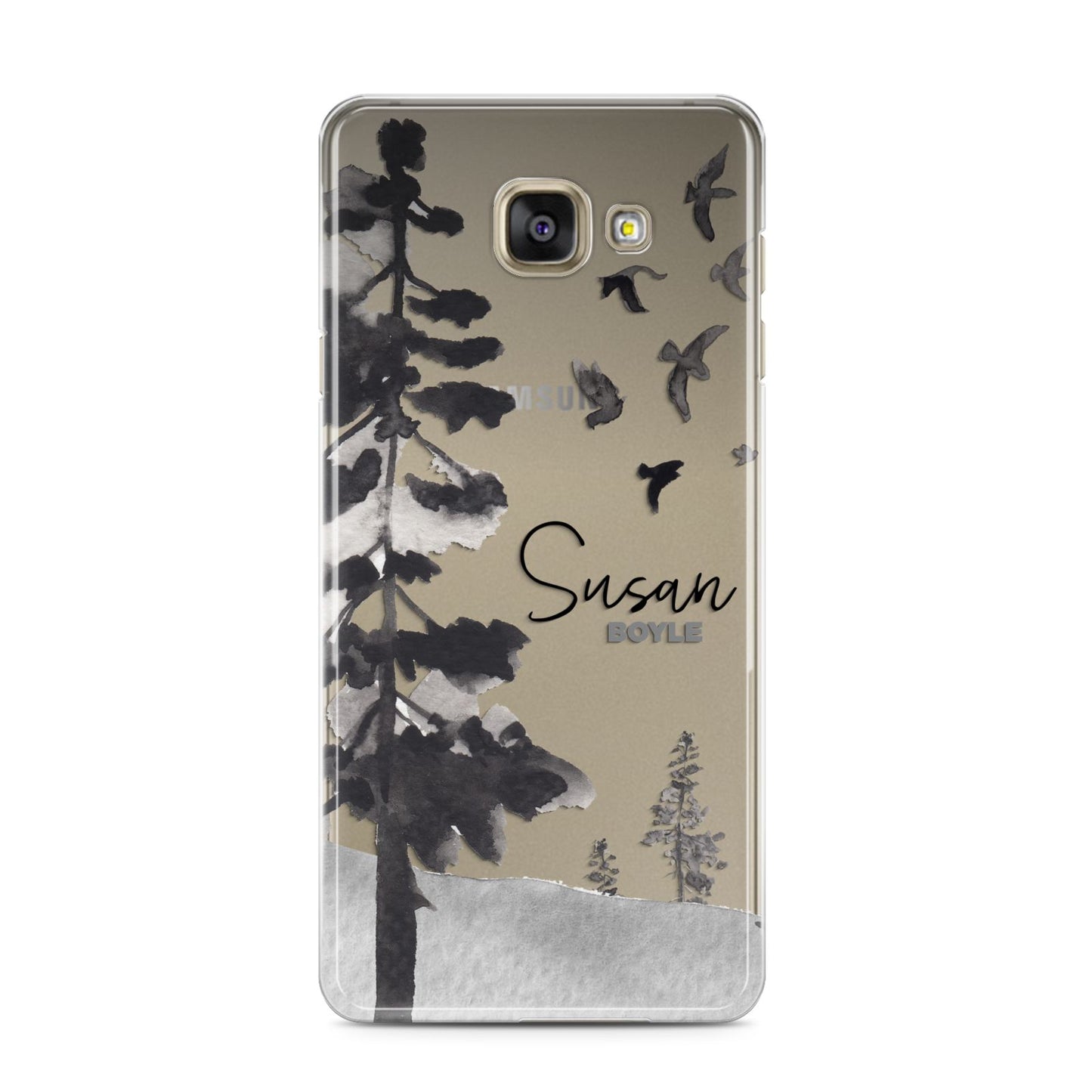 Personalised Monochrome Forest Samsung Galaxy A3 2016 Case on gold phone