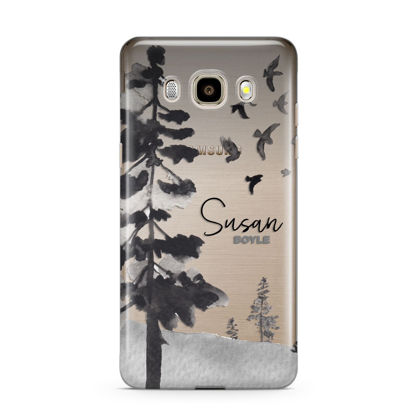 Personalised Monochrome Forest Samsung Galaxy J7 2016 Case on gold phone