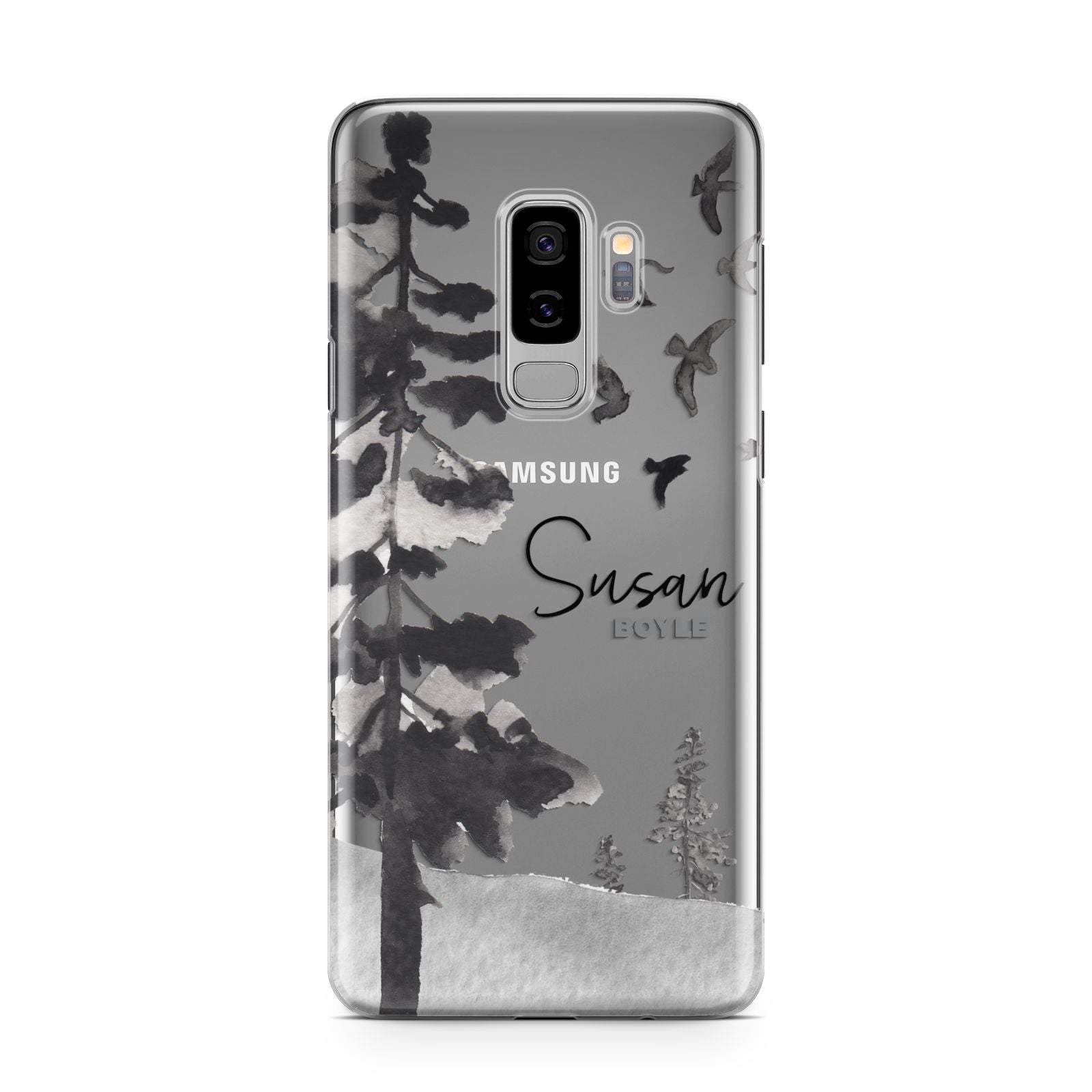 Personalised Monochrome Forest Samsung Galaxy S9 Plus Case on Silver phone