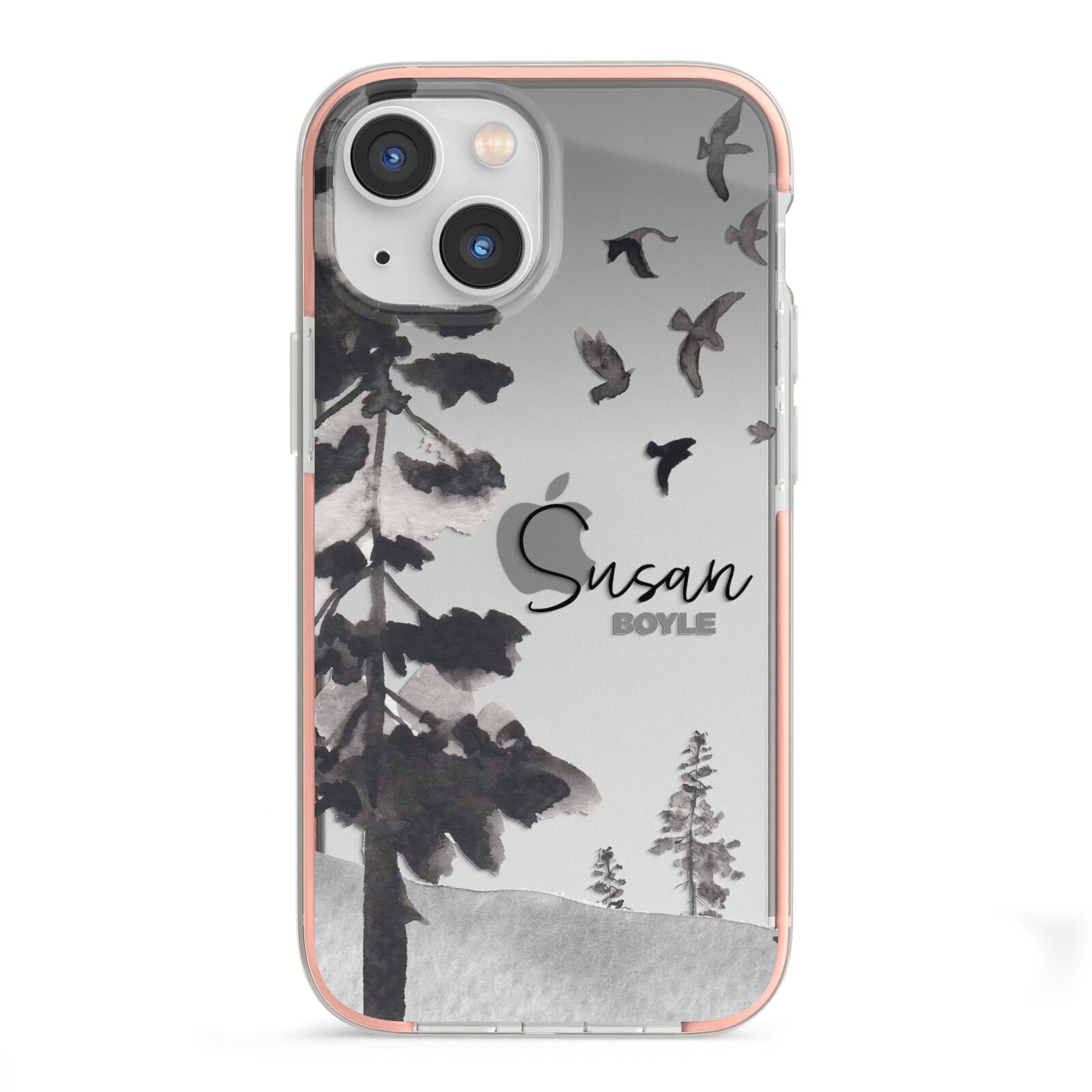 Personalised Monochrome Forest iPhone 13 Mini TPU Impact Case with Pink Edges
