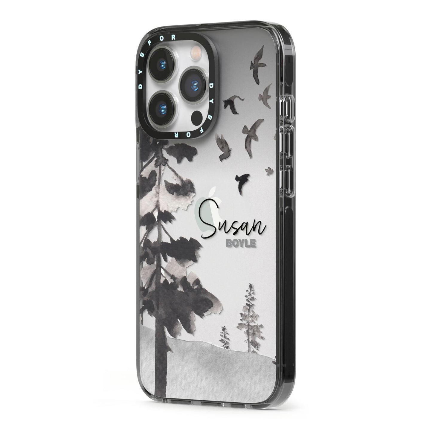 Personalised Monochrome Forest iPhone 13 Pro Black Impact Case Side Angle on Silver phone