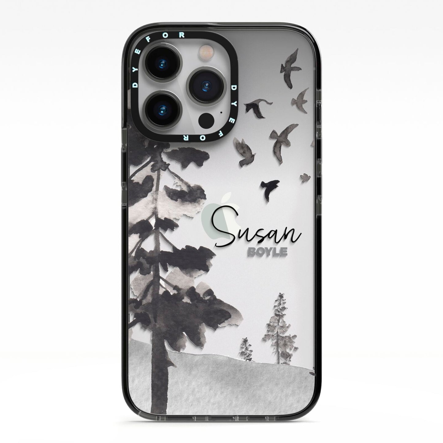 Personalised Monochrome Forest iPhone 13 Pro Black Impact Case on Silver phone