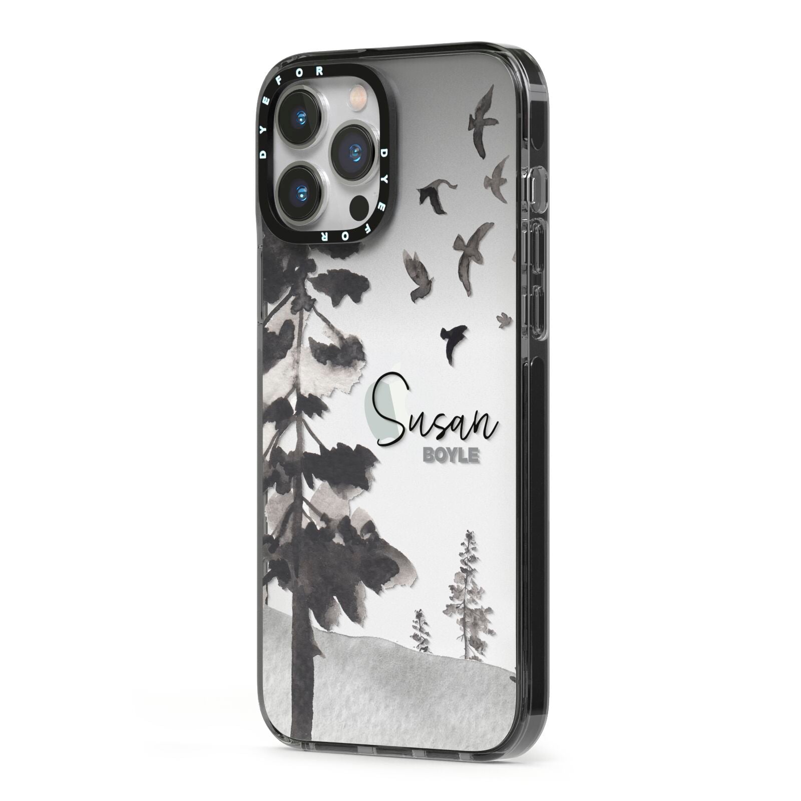 Personalised Monochrome Forest iPhone 13 Pro Max Black Impact Case Side Angle on Silver phone