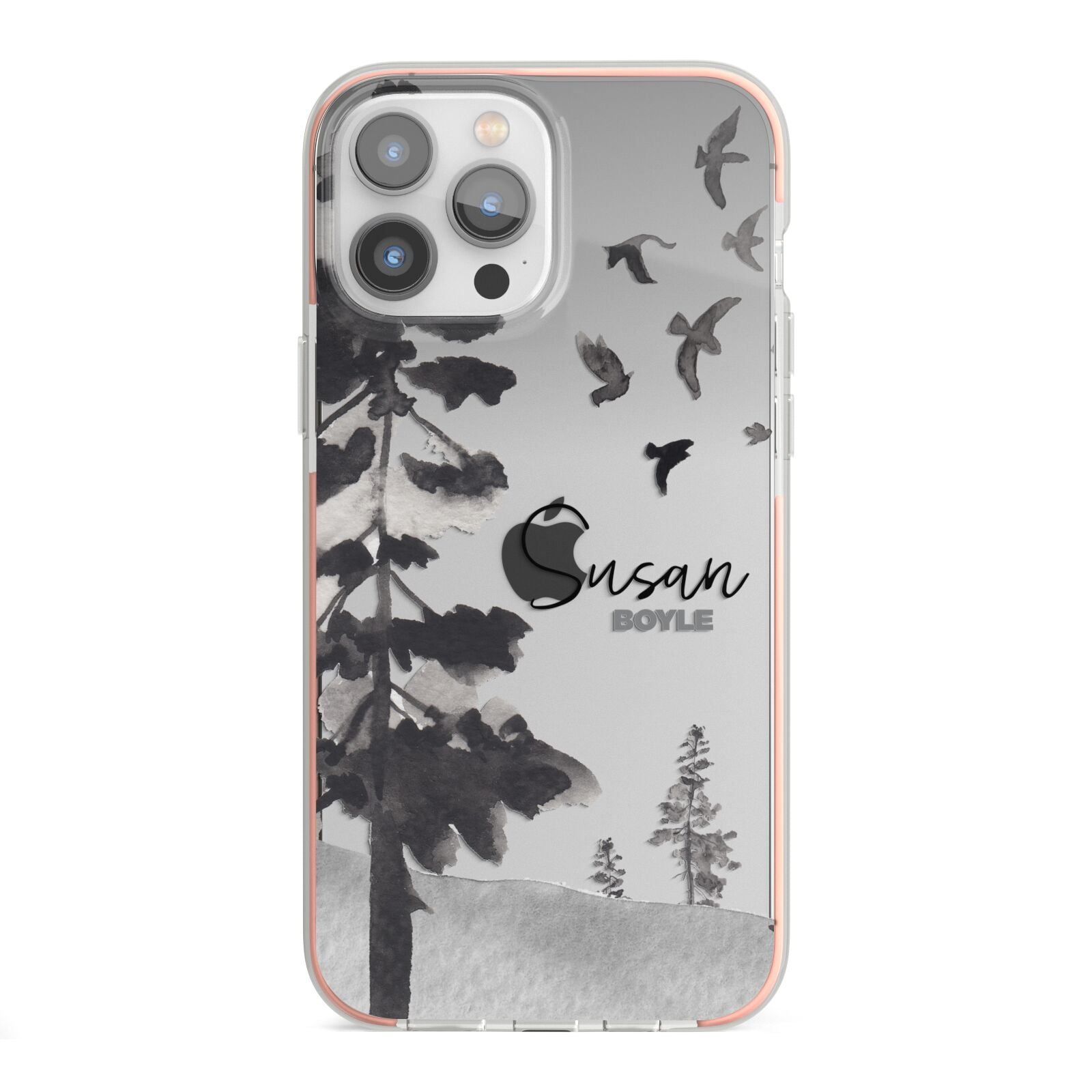 Personalised Monochrome Forest iPhone 13 Pro Max TPU Impact Case with Pink Edges