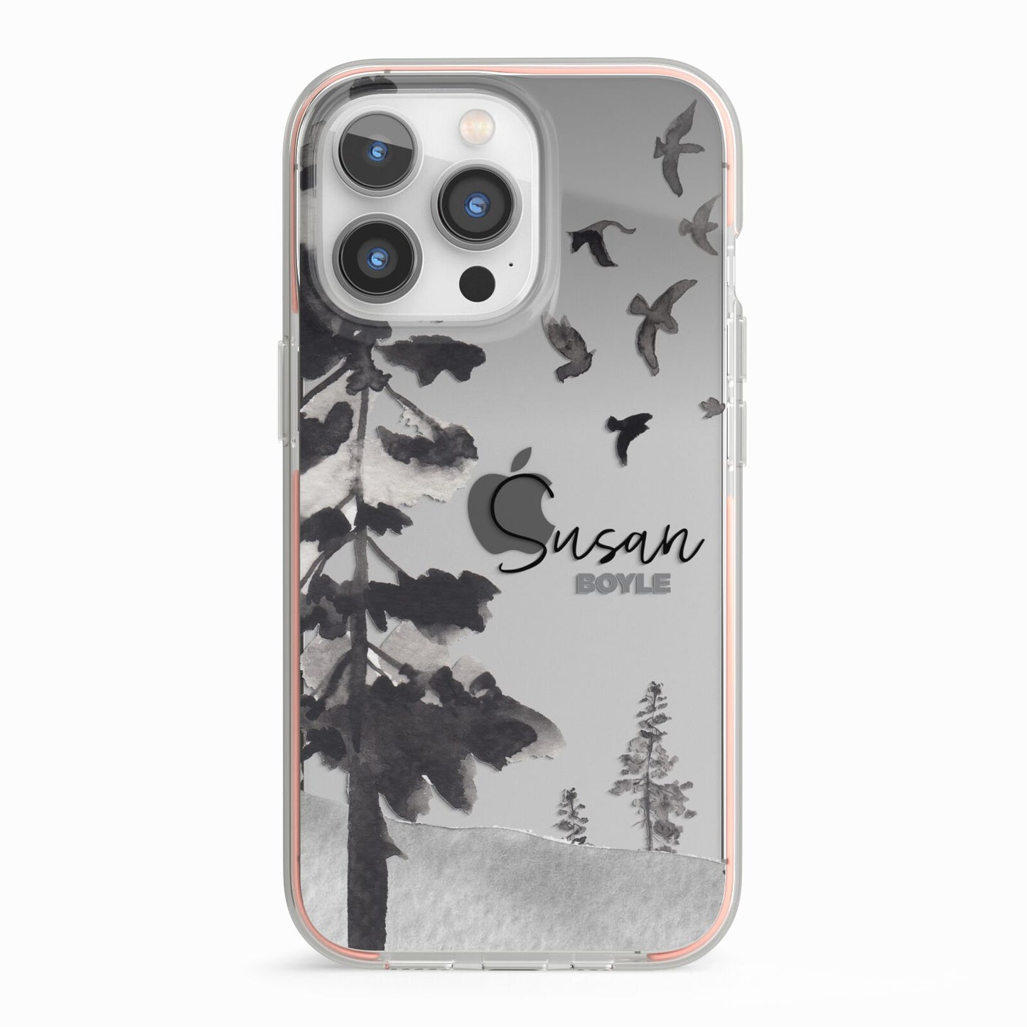 Personalised Monochrome Forest iPhone 13 Pro TPU Impact Case with Pink Edges