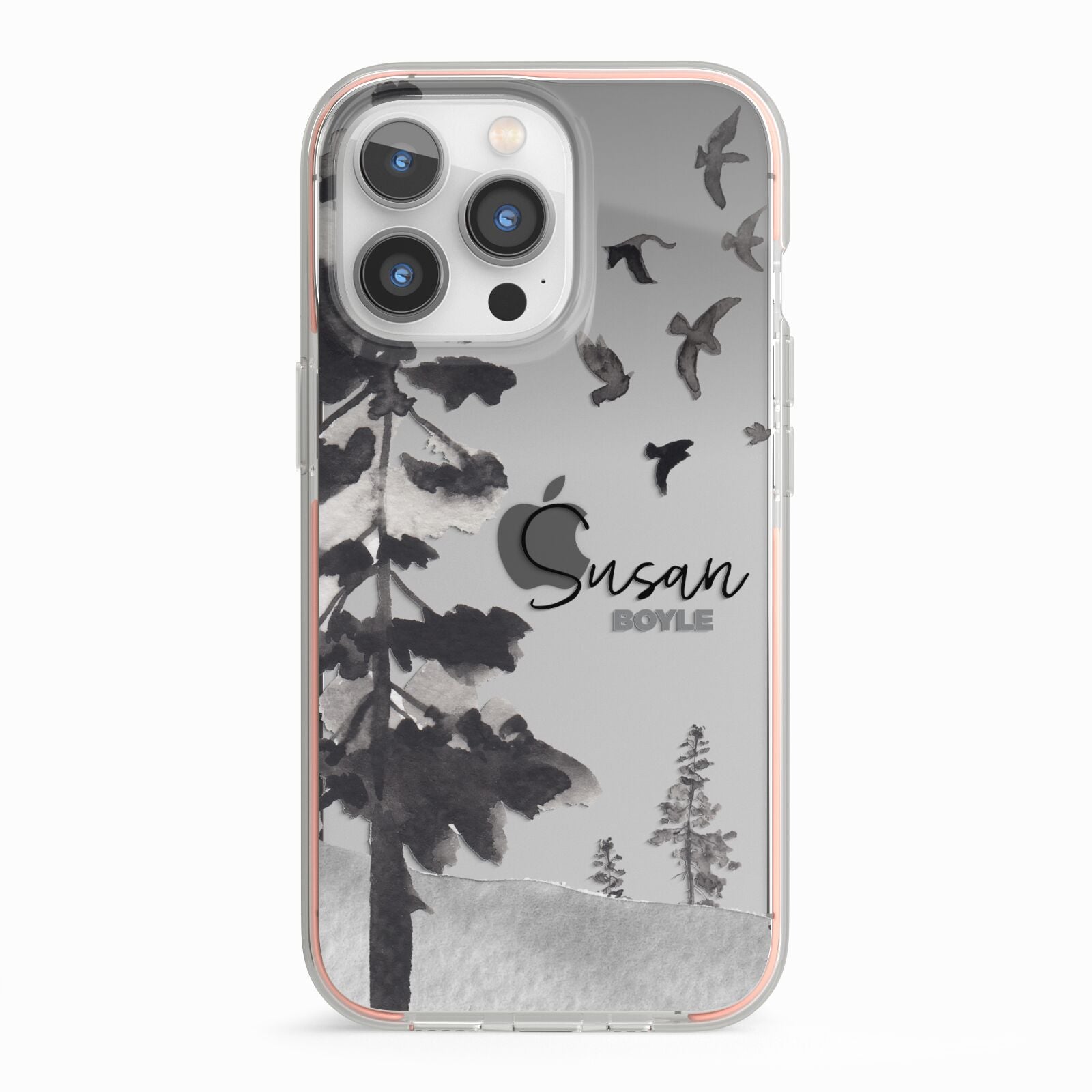 Personalised Monochrome Forest iPhone 13 Pro TPU Impact Case with Pink Edges