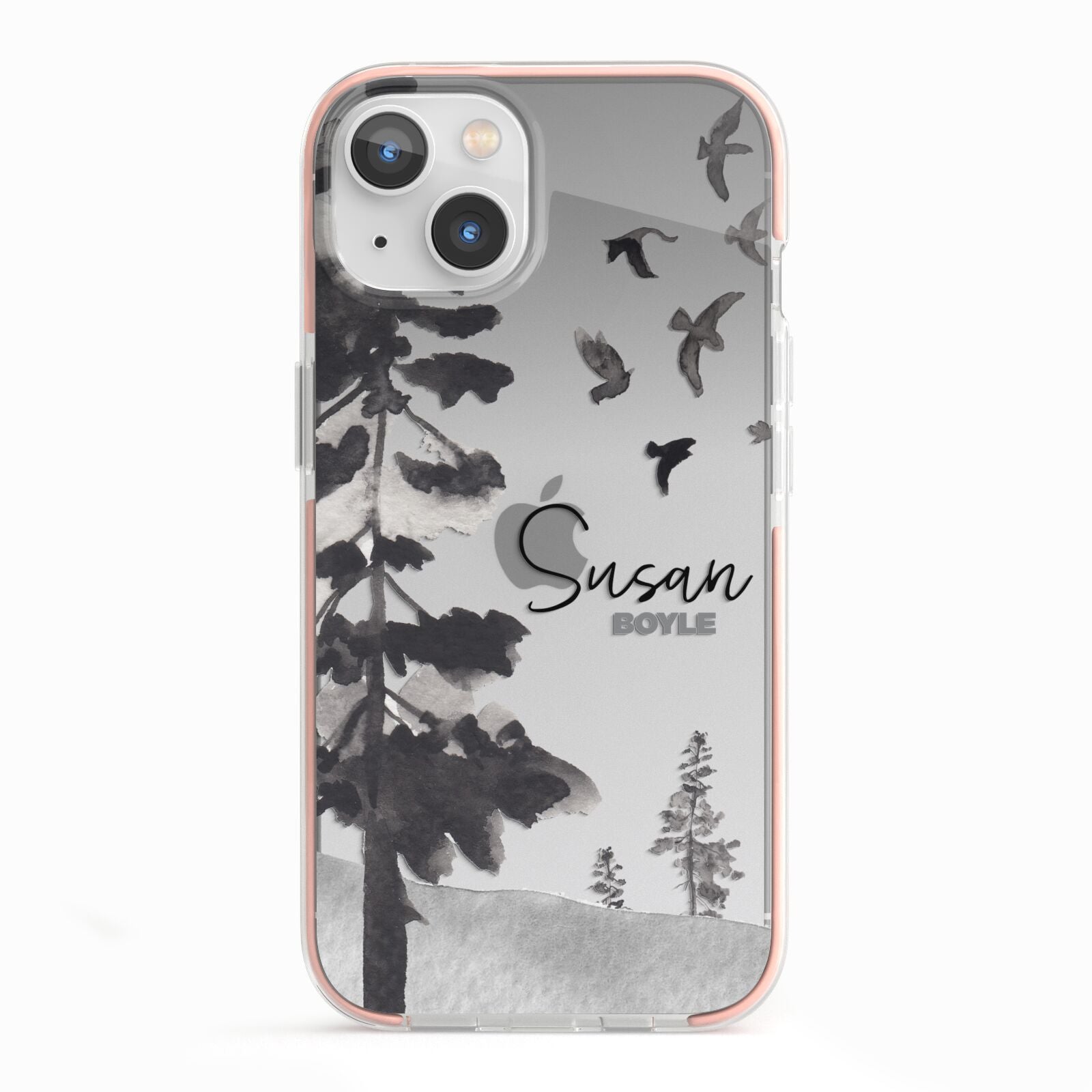 Personalised Monochrome Forest iPhone 13 TPU Impact Case with Pink Edges
