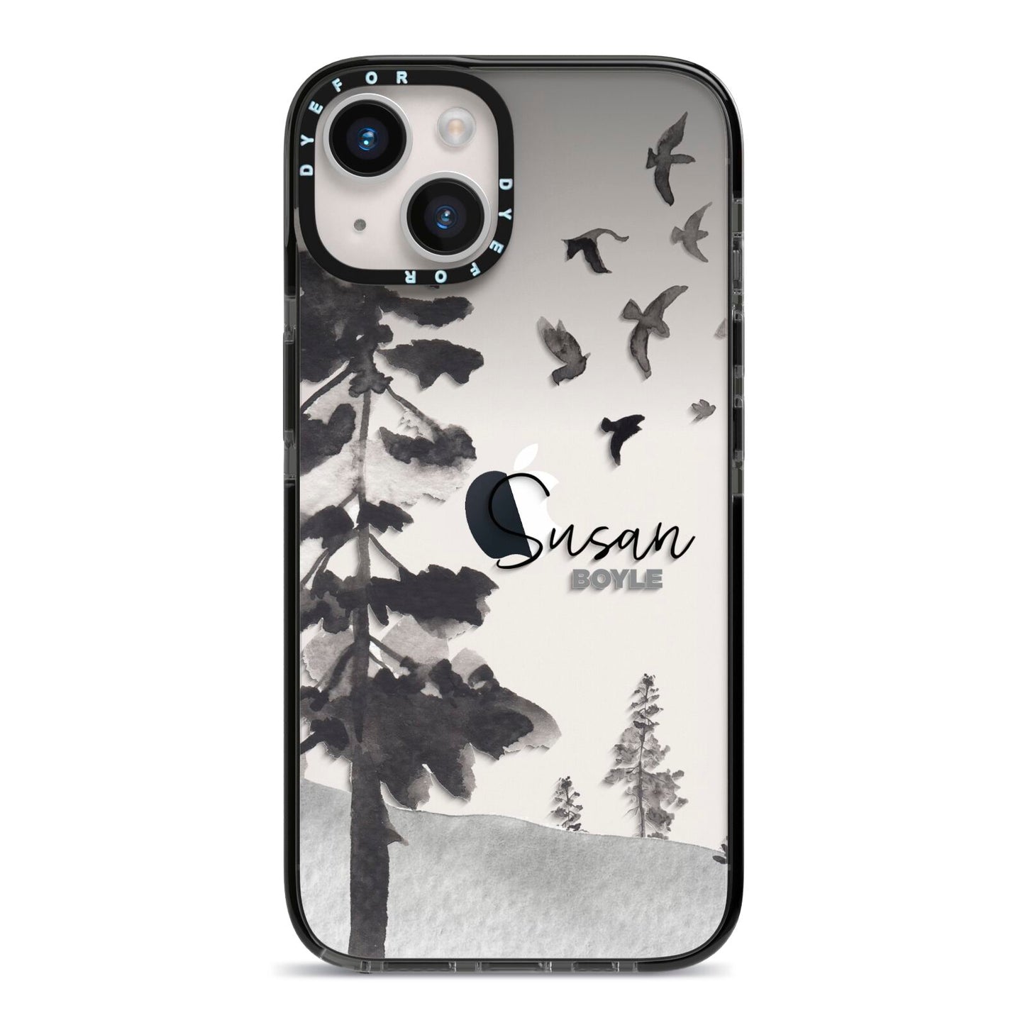 Personalised Monochrome Forest iPhone 14 Black Impact Case on Silver phone