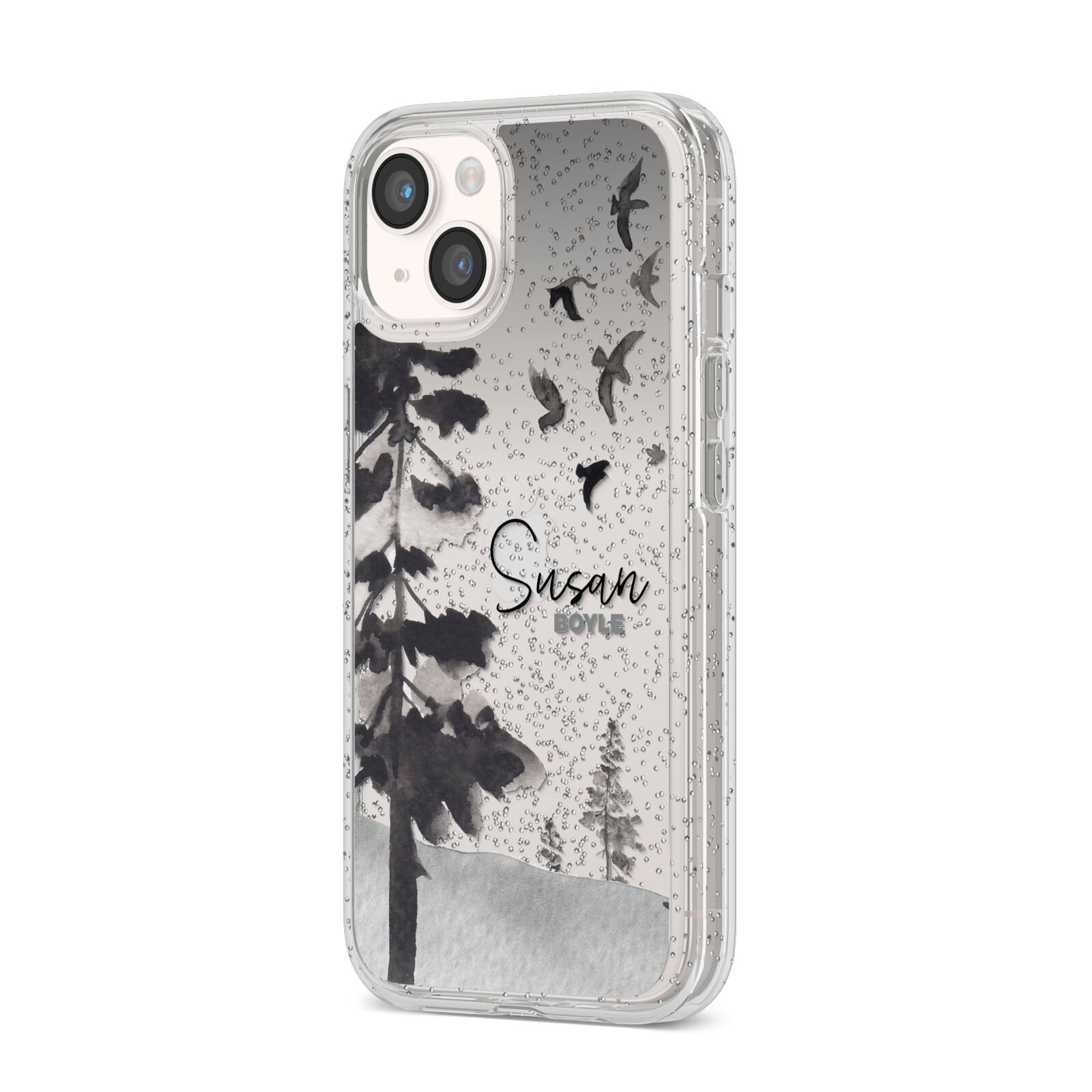 Personalised Monochrome Forest iPhone 14 Glitter Tough Case Starlight Angled Image