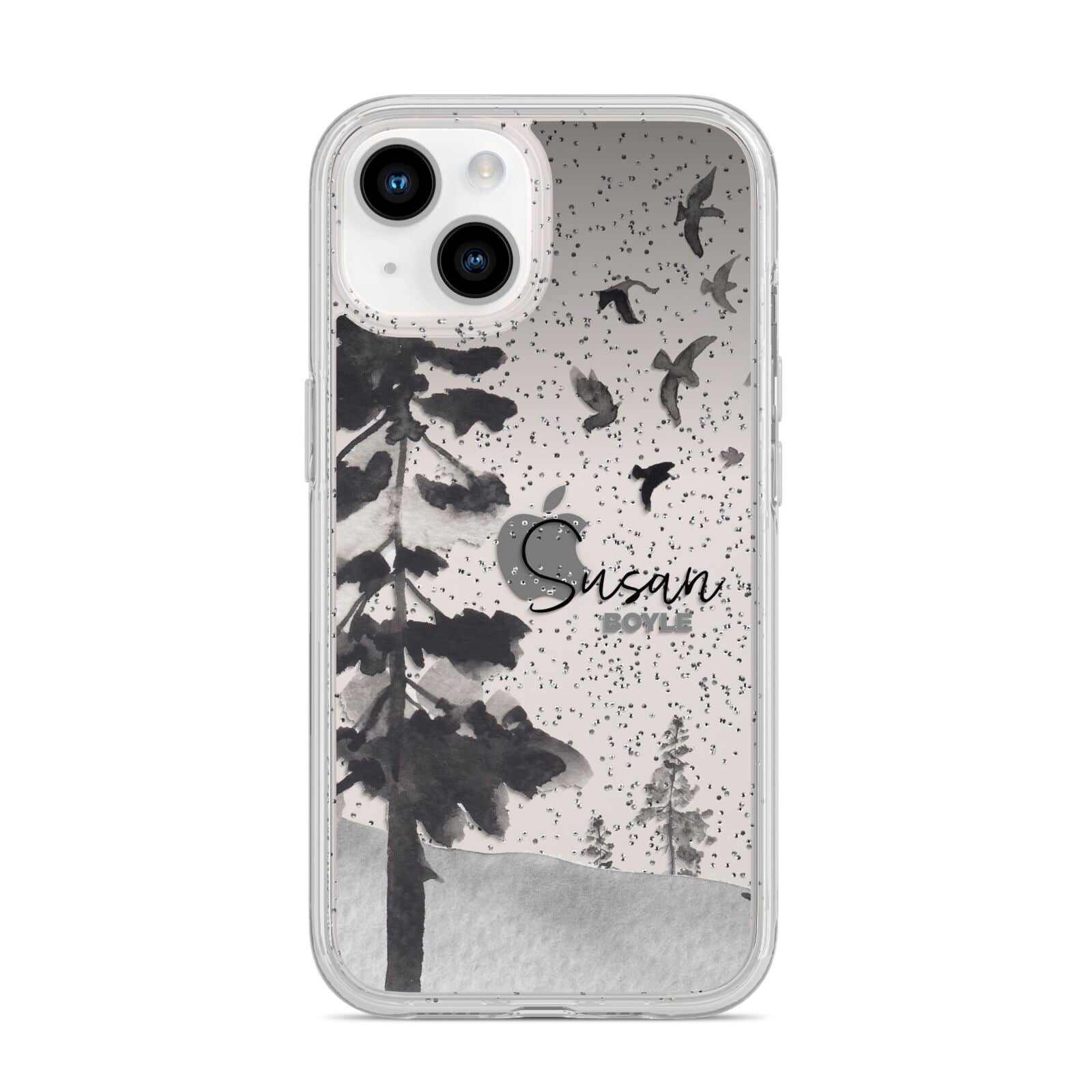 Personalised Monochrome Forest iPhone 14 Glitter Tough Case Starlight