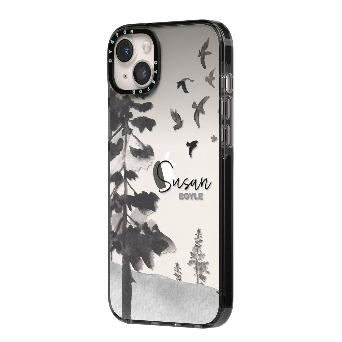 Personalised Monochrome Forest iPhone 14 Plus Black Impact Case Side Angle on Silver phone