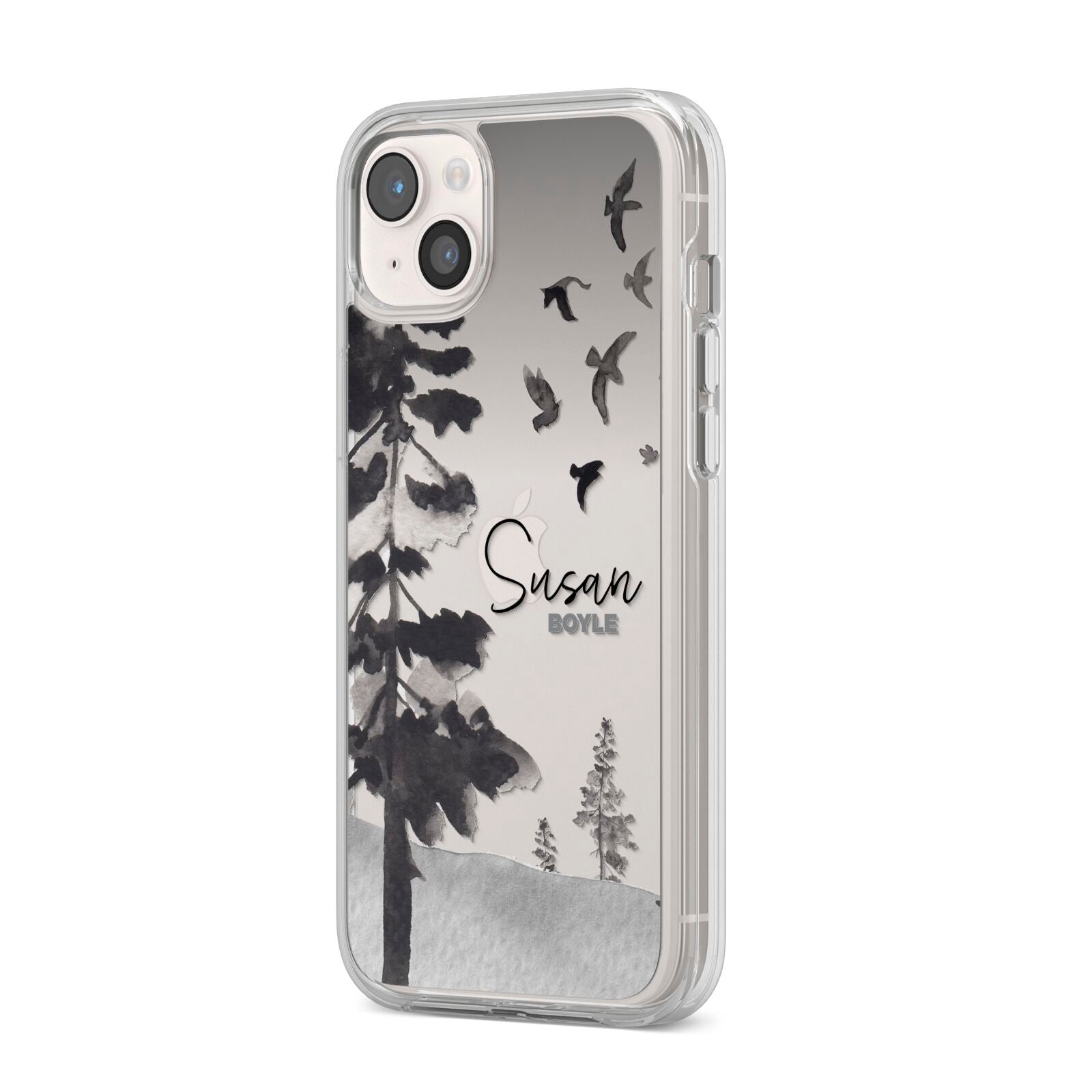 Personalised Monochrome Forest iPhone 14 Plus Clear Tough Case Starlight Angled Image