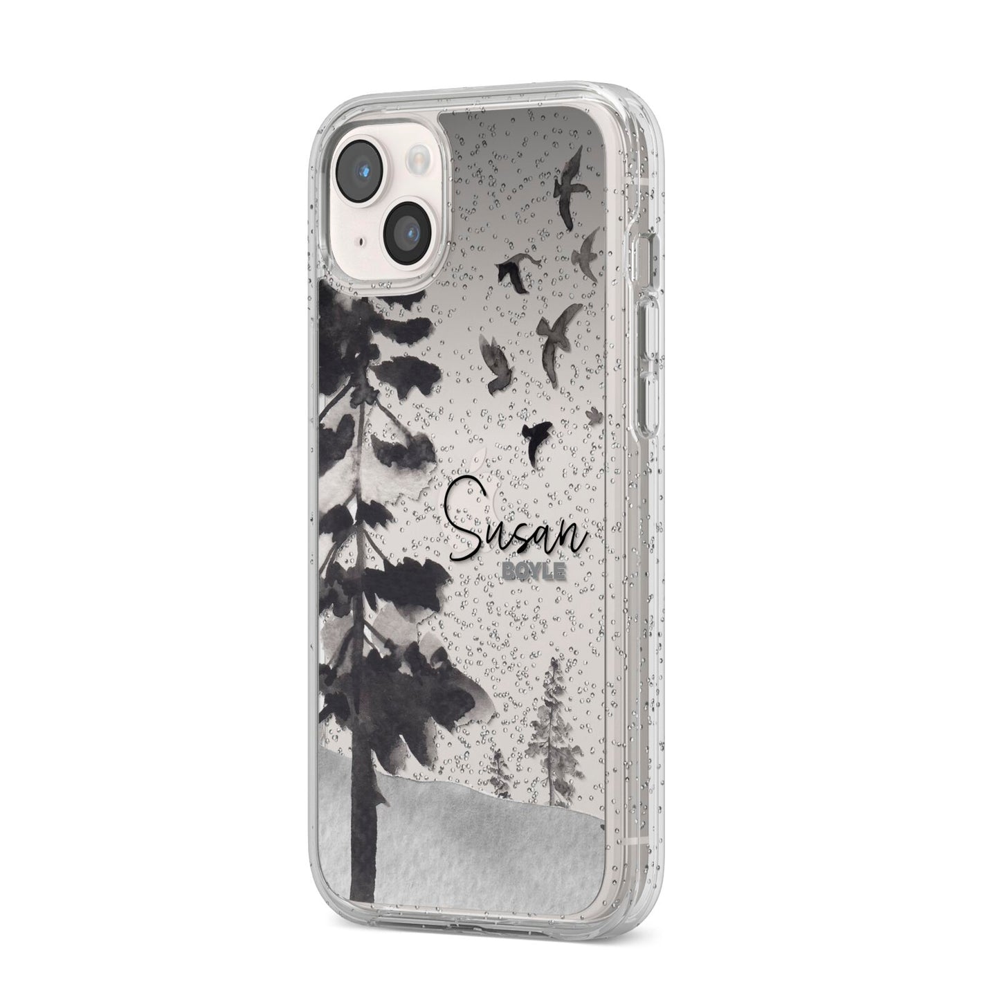 Personalised Monochrome Forest iPhone 14 Plus Glitter Tough Case Starlight Angled Image