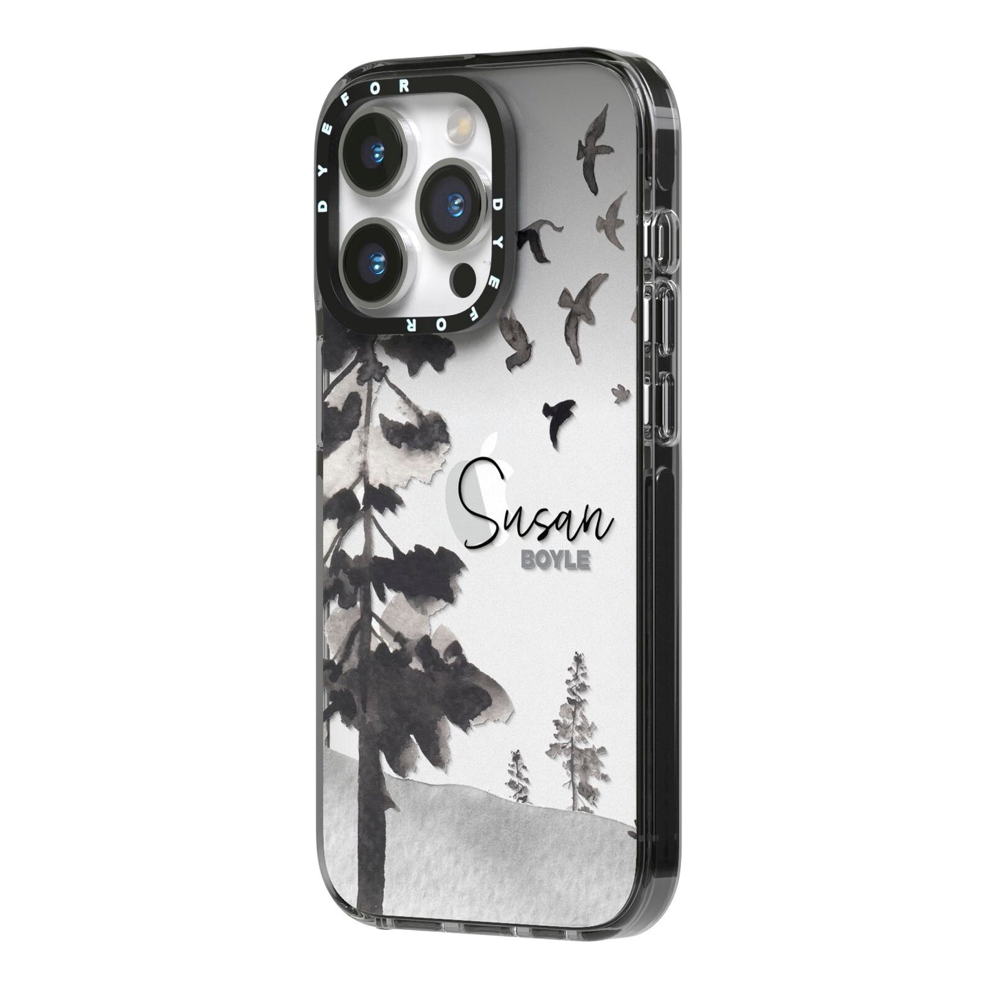 Personalised Monochrome Forest iPhone 14 Pro Black Impact Case Side Angle on Silver phone