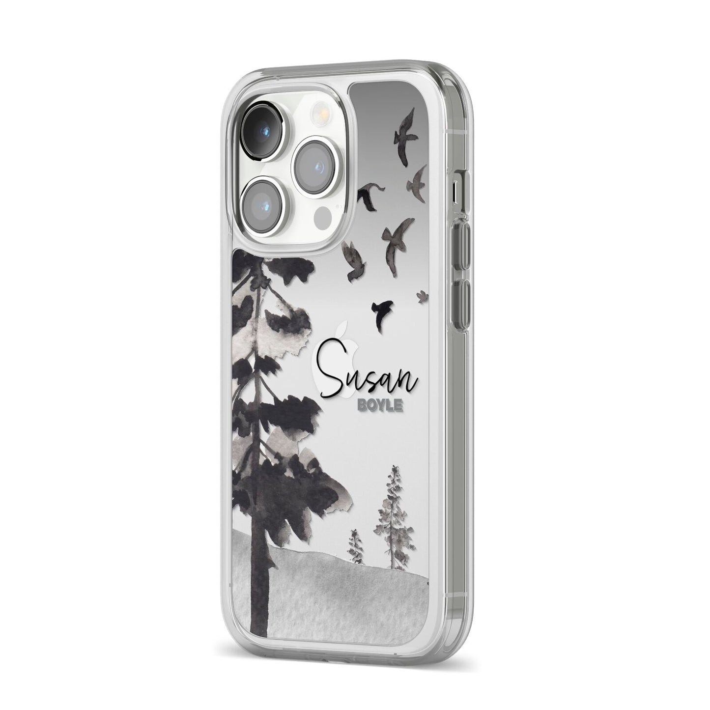 Personalised Monochrome Forest iPhone 14 Pro Clear Tough Case Silver Angled Image