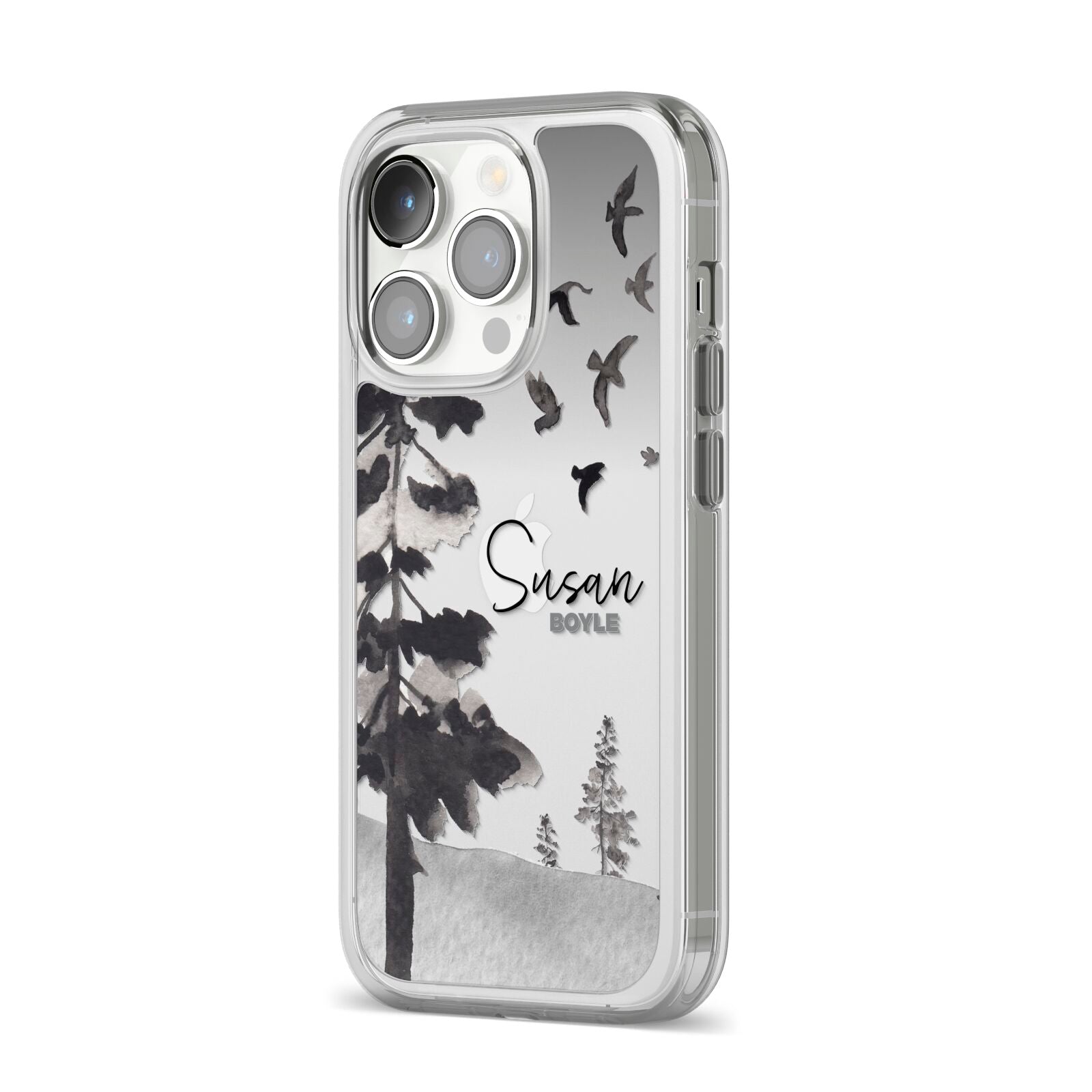 Personalised Monochrome Forest iPhone 14 Pro Clear Tough Case Silver Angled Image