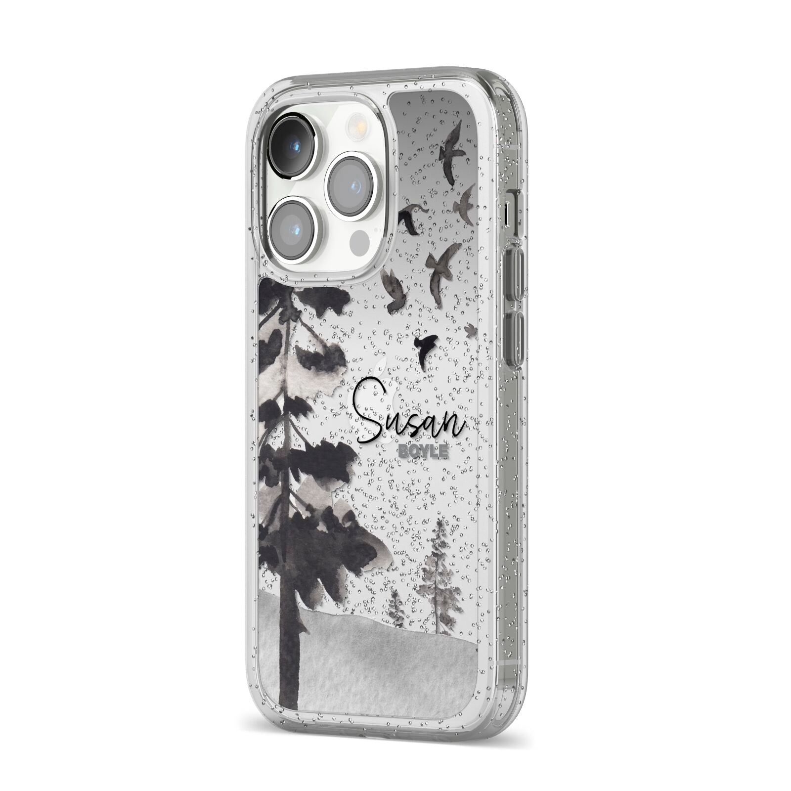 Personalised Monochrome Forest iPhone 14 Pro Glitter Tough Case Silver Angled Image