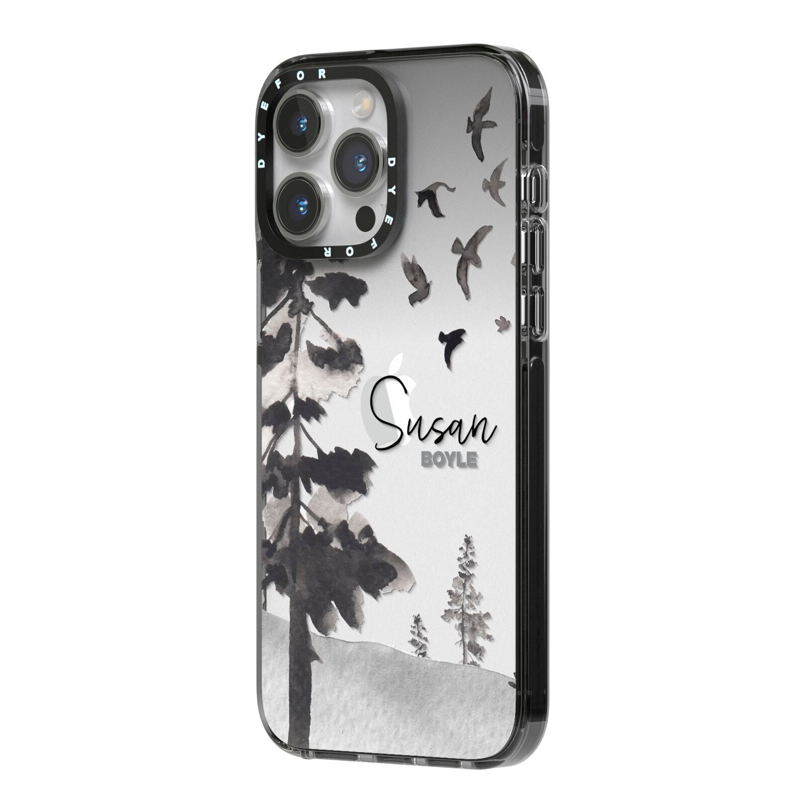 Personalised Monochrome Forest iPhone 14 Pro Max Black Impact Case Side Angle on Silver phone