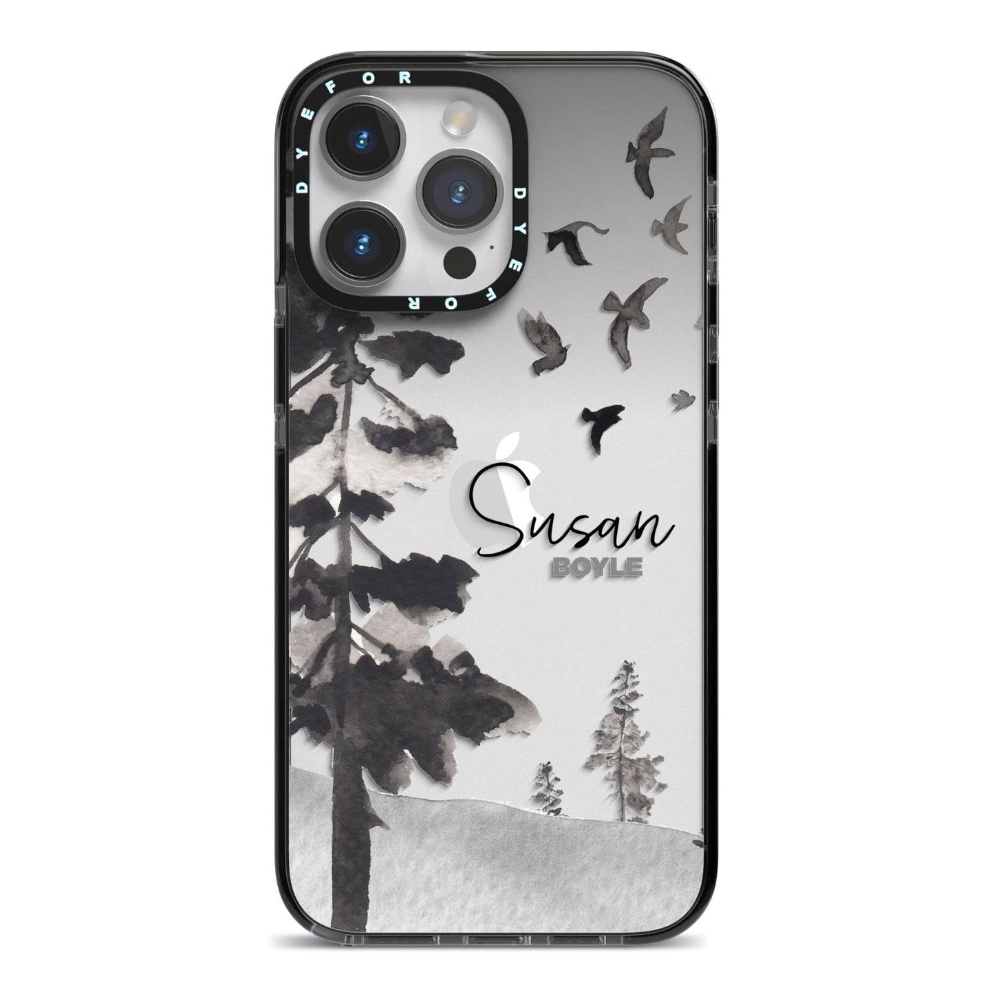 Personalised Monochrome Forest iPhone 14 Pro Max Black Impact Case on Silver phone