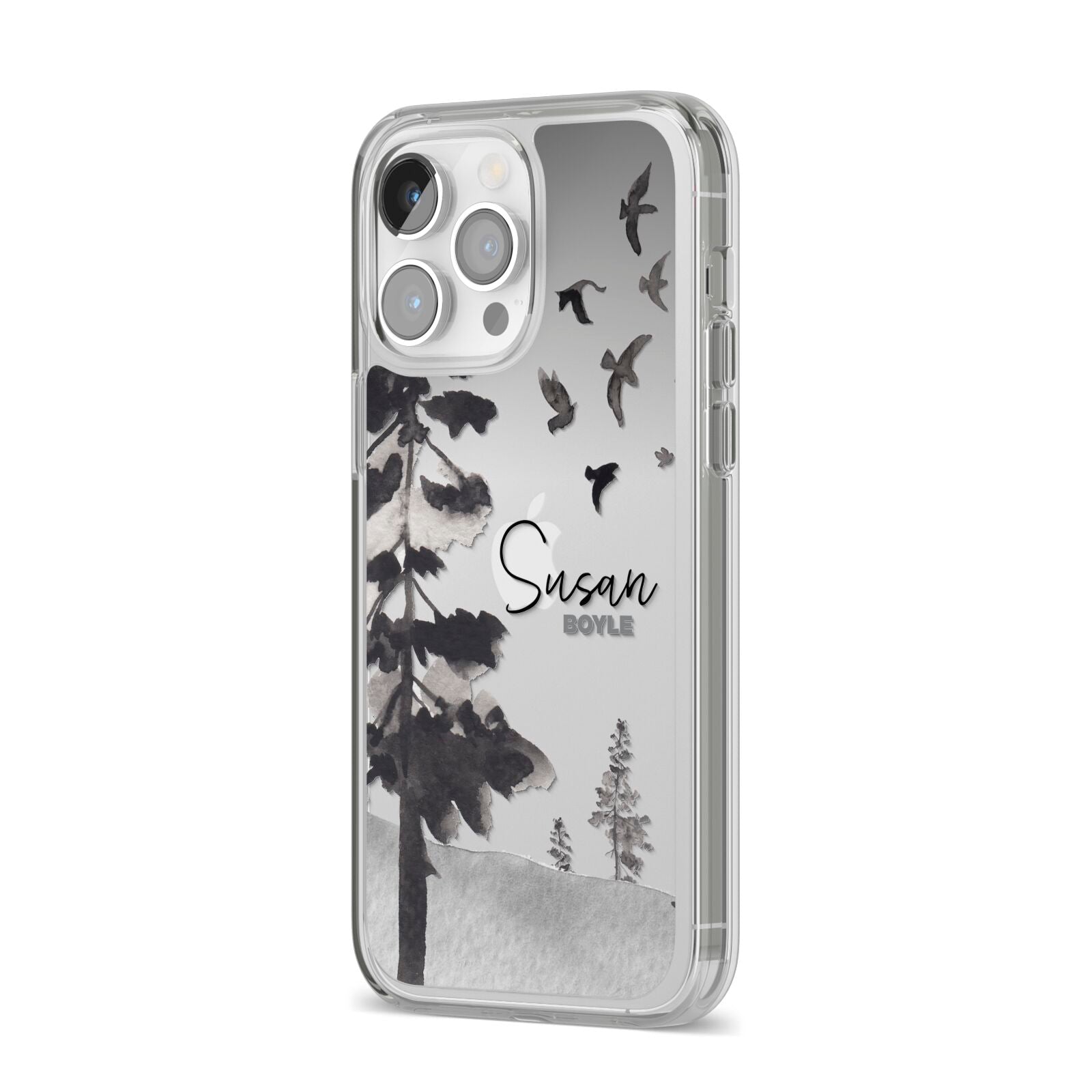 Personalised Monochrome Forest iPhone 14 Pro Max Clear Tough Case Silver Angled Image