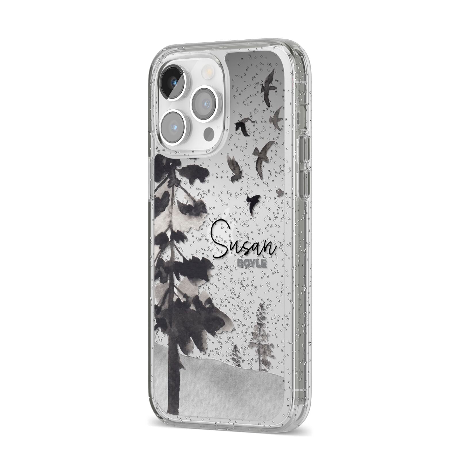 Personalised Monochrome Forest iPhone 14 Pro Max Glitter Tough Case Silver Angled Image