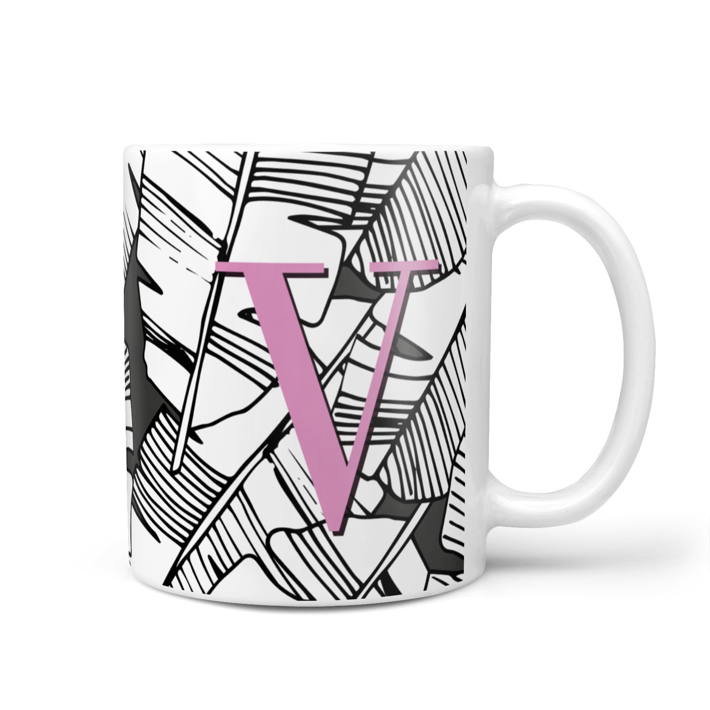 Personalised Monochrome Monstera Pink Initial 10oz Mug