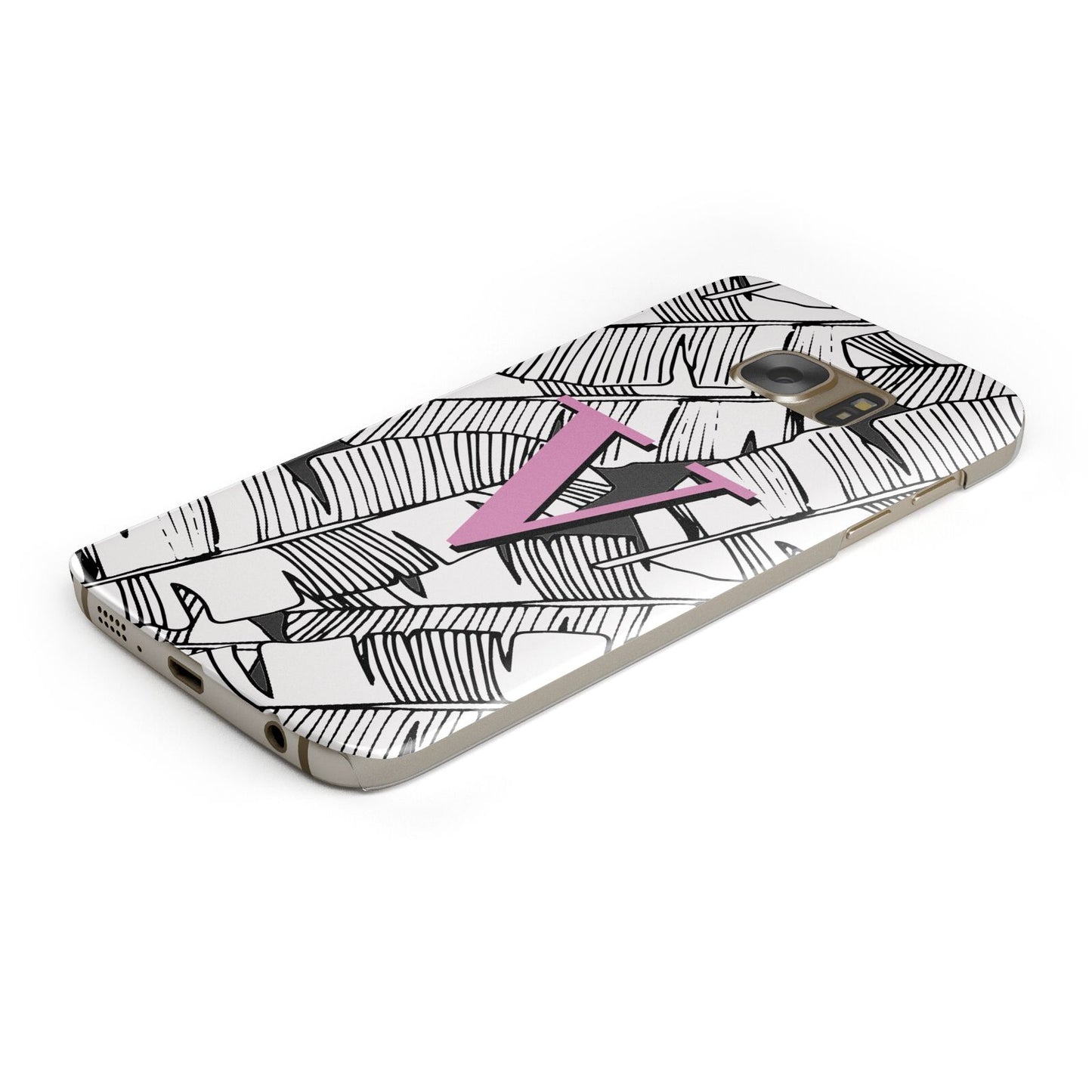 Personalised Monochrome Monstera Pink Initial Protective Samsung Galaxy Case Angled Image