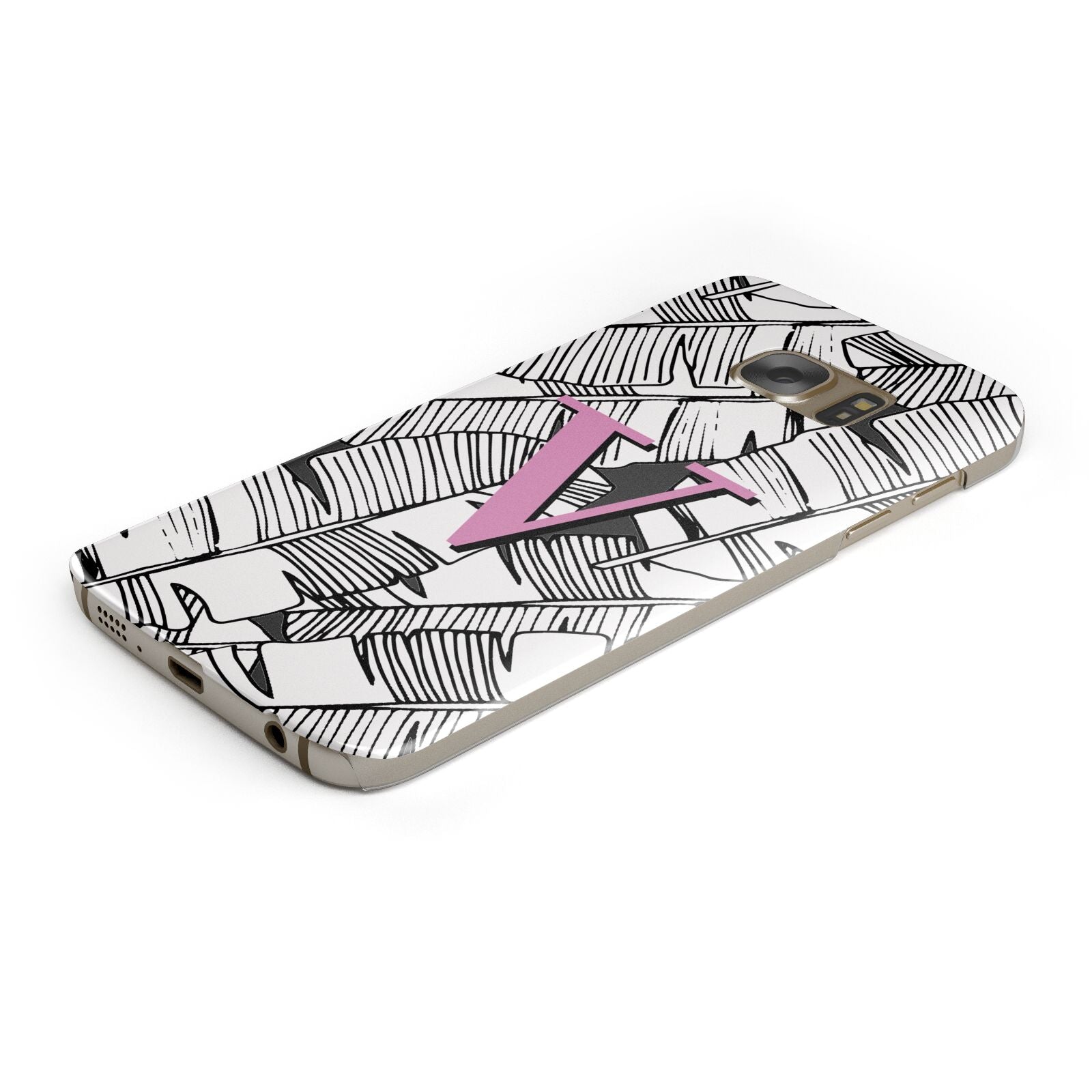 Personalised Monochrome Monstera Pink Initial Protective Samsung Galaxy Case Angled Image