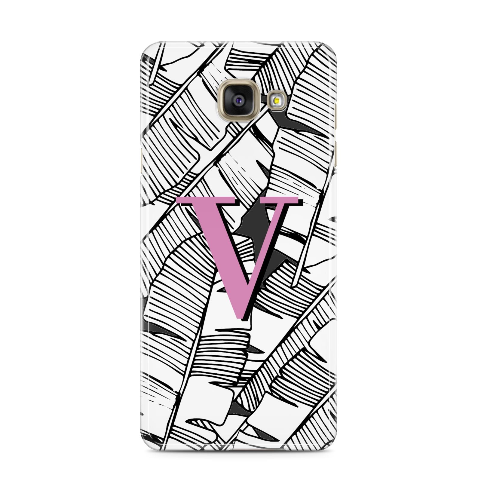 Personalised Monochrome Monstera Pink Initial Samsung Galaxy A3 2016 Case on gold phone