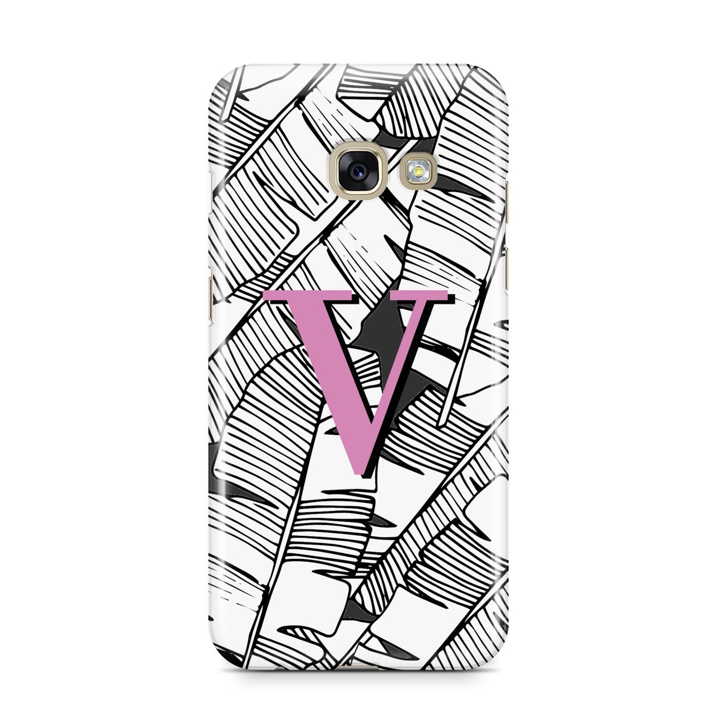 Personalised Monochrome Monstera Pink Initial Samsung Galaxy A3 2017 Case on gold phone