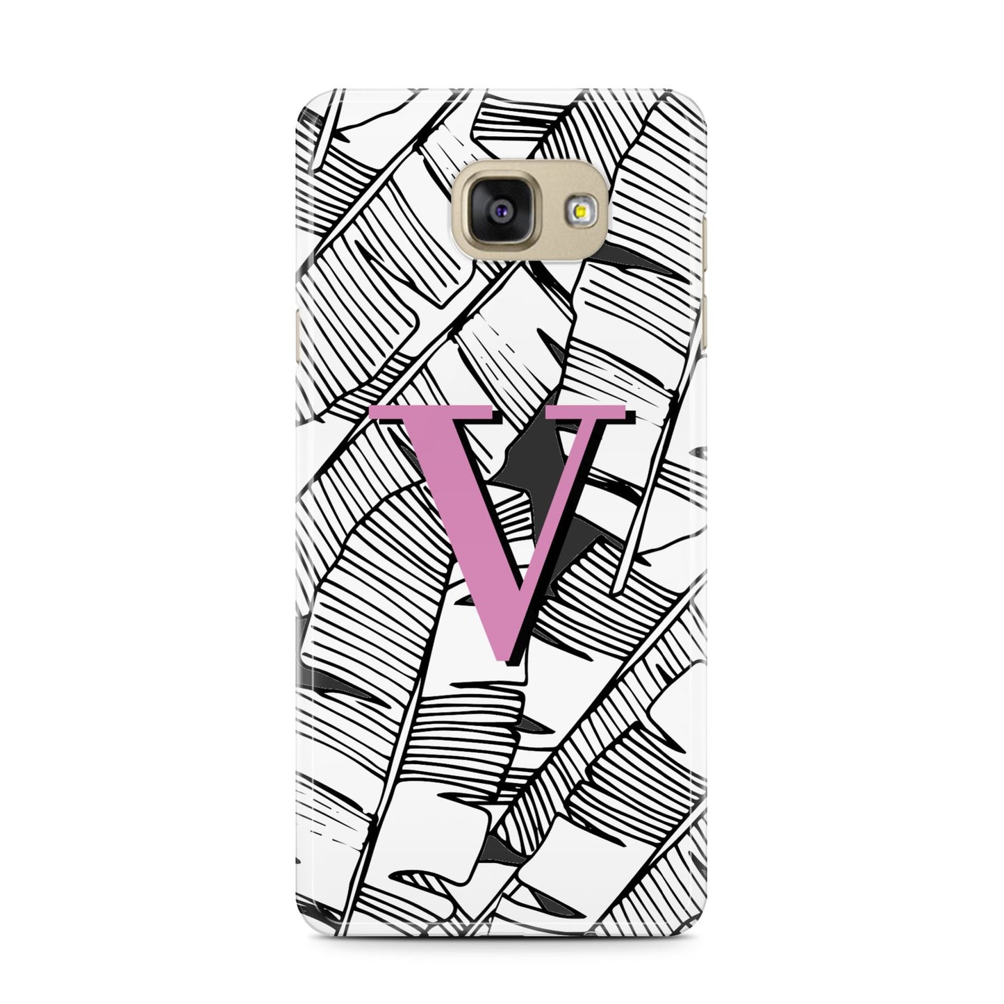 Personalised Monochrome Monstera Pink Initial Samsung Galaxy A7 2016 Case on gold phone