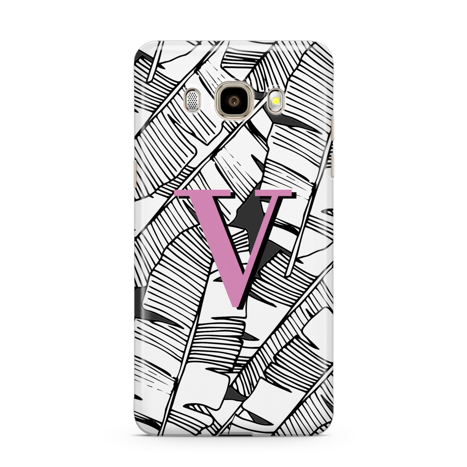 Personalised Monochrome Monstera Pink Initial Samsung Galaxy J7 2016 Case on gold phone