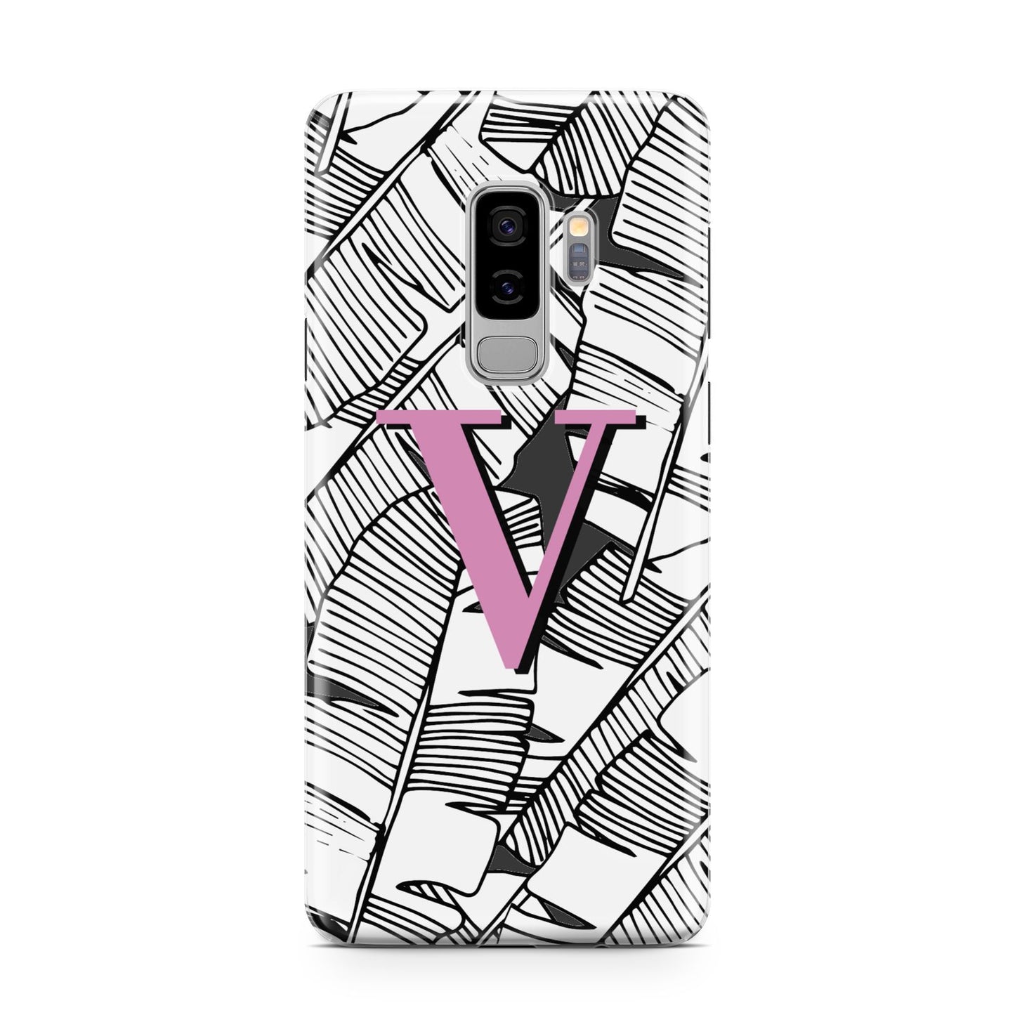 Personalised Monochrome Monstera Pink Initial Samsung Galaxy S9 Plus Case on Silver phone