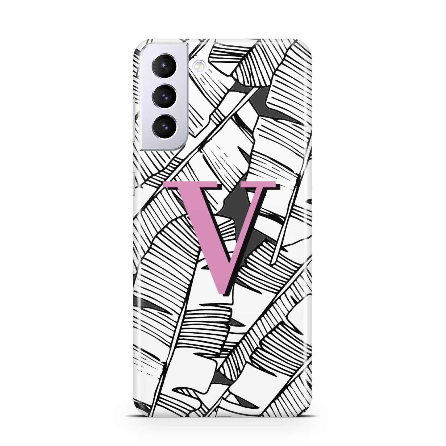 Personalised Monochrome Monstera Pink Initial Samsung S21 Plus Phone Case