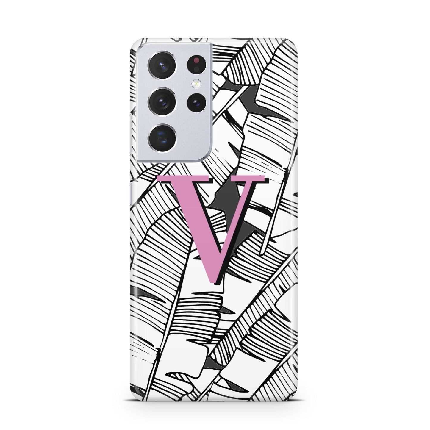 Personalised Monochrome Monstera Pink Initial Samsung S21 Ultra Case